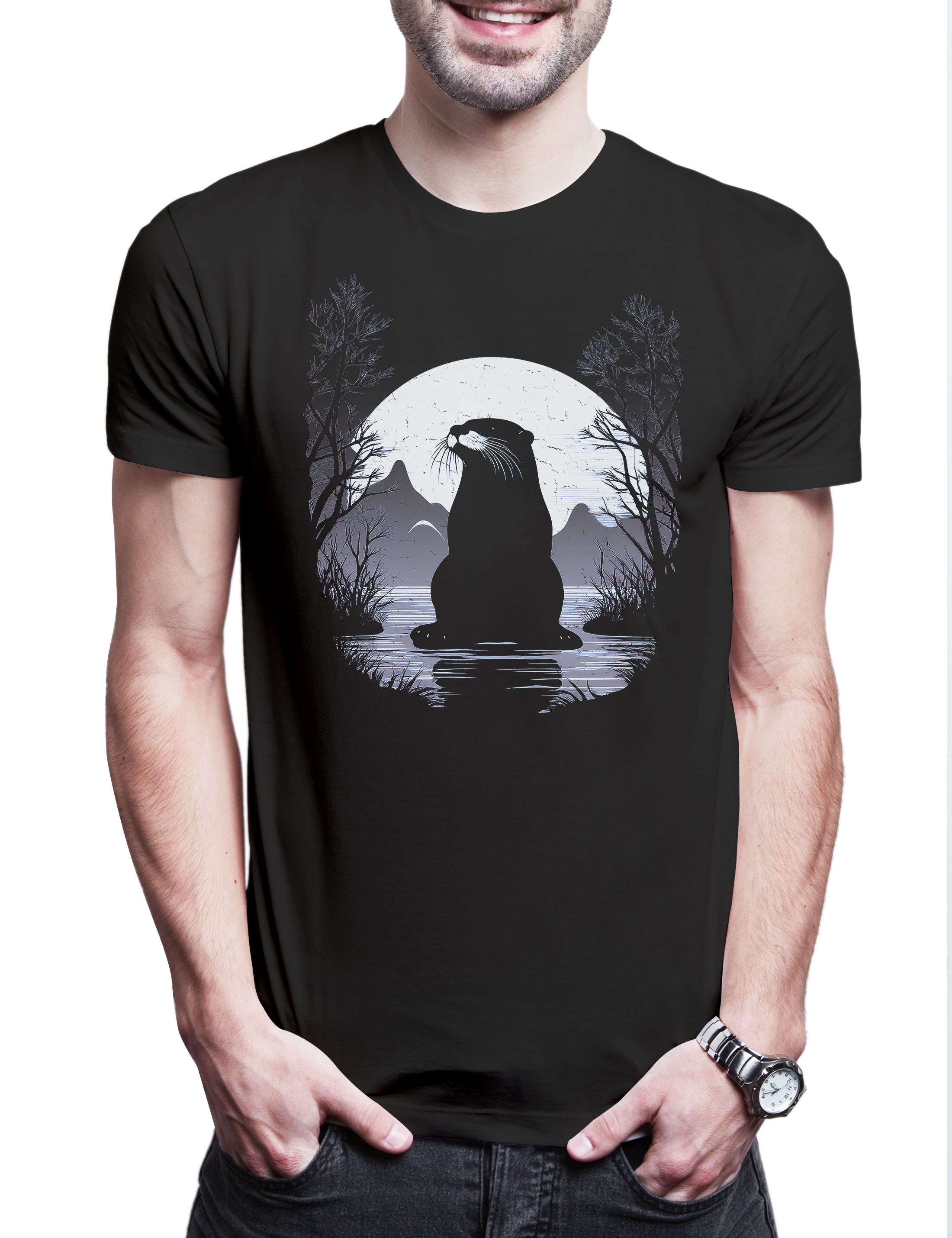 Print-Shirt Otter Water Moon Herren T-Shirt Space Cute Otters Funny Love Liebe