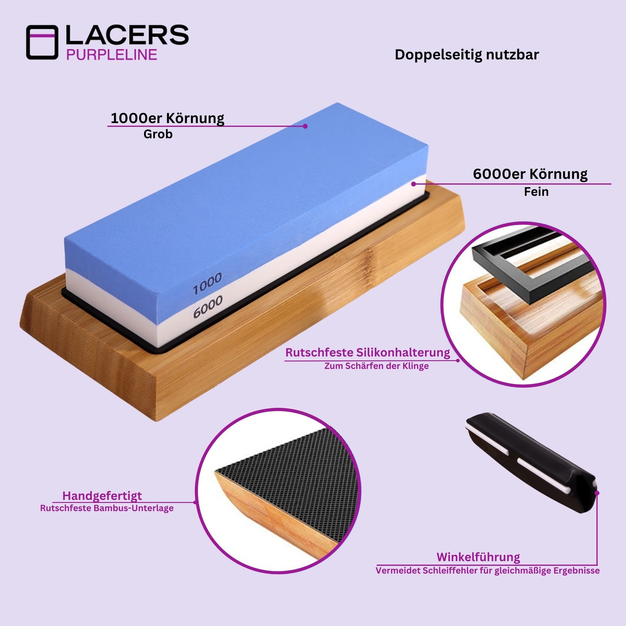 Lacers Messerschärfer 2-in-1 Wetzstein-Doppelseitiger Schleifstein Bambus & Winkelführung, Doppelseitiger Wetzstein