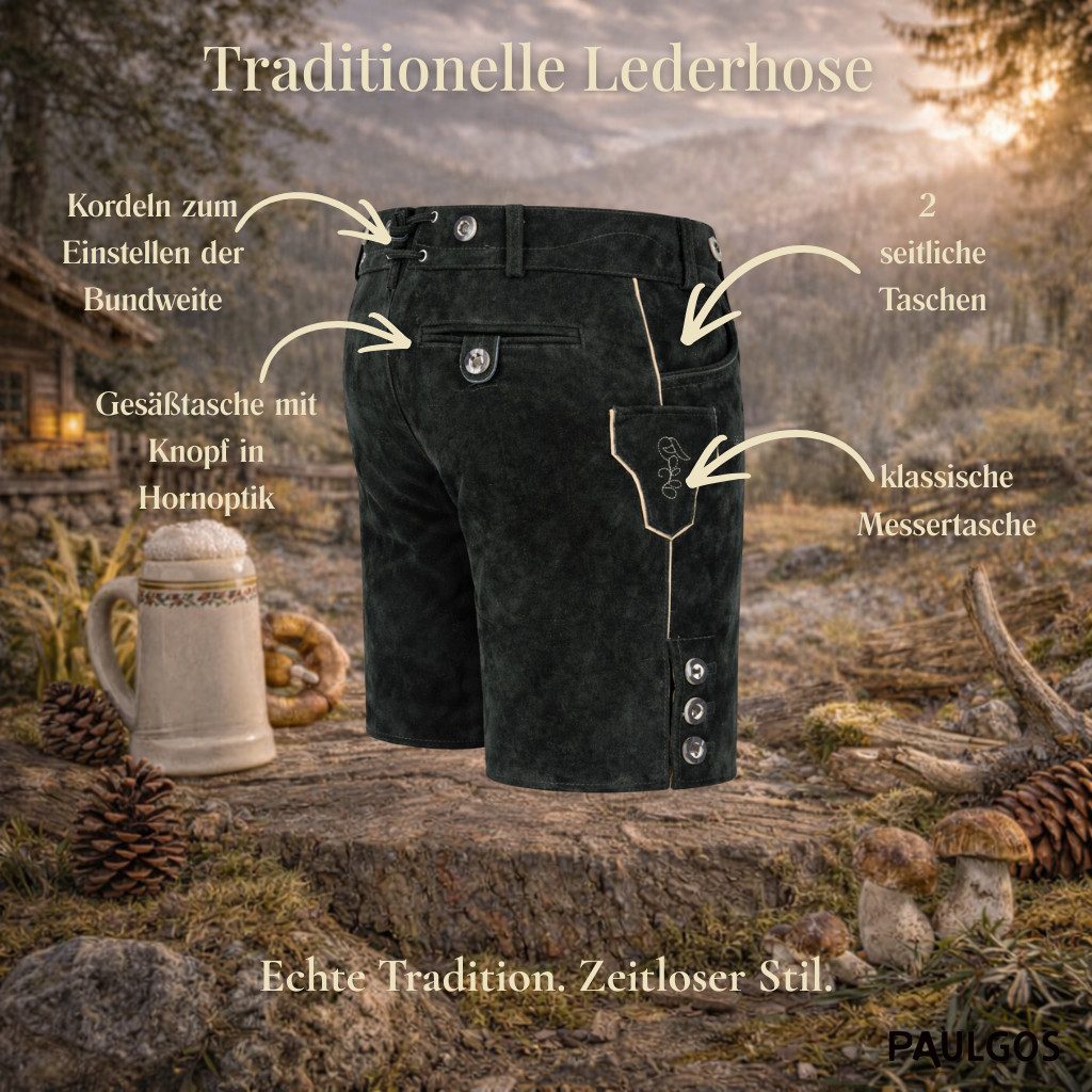 PAULGOS Trachtenhose Herren Lederhose Kurz mit Trägern 100% Echtleder - HK2