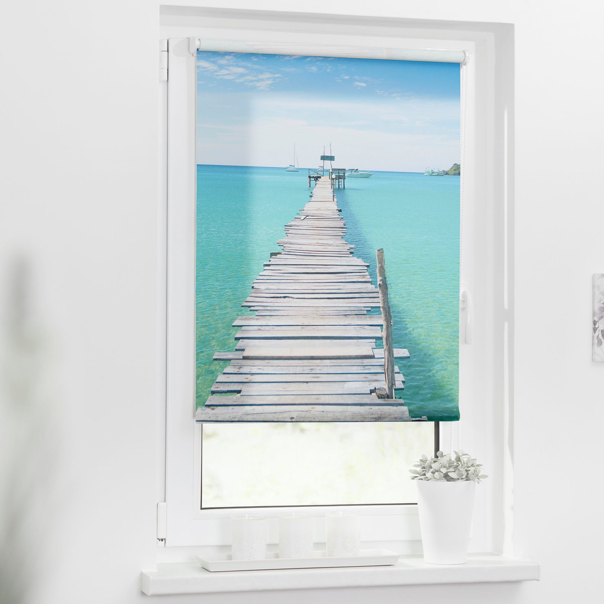 Seitenzugrollo Rollo Klemmfix, ohne Bohren, Verdunkelung, El Mar - Blau, LICHTBLICK ORIGINAL, verdunkelnd, freihängend, Klemmfix