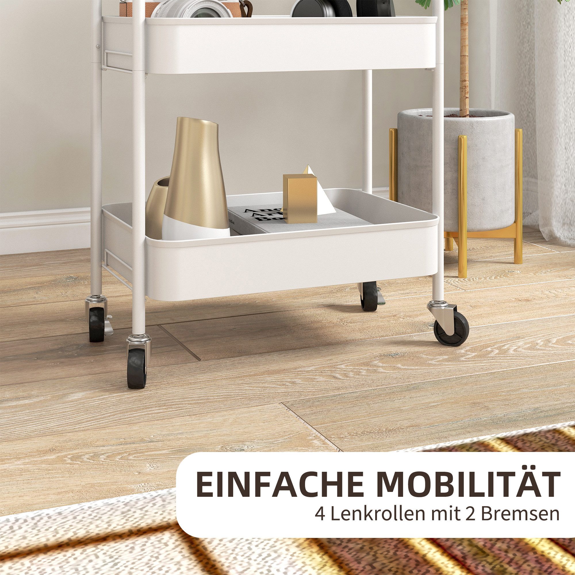 HOMCOM Servierwagen Küchenwagen, Rollwagen mit 3 Etagen, (Beistellwagen, 1 St., Aufbewahrungswagen), für Küche, Wohnzimmer, Stahl, Weiß