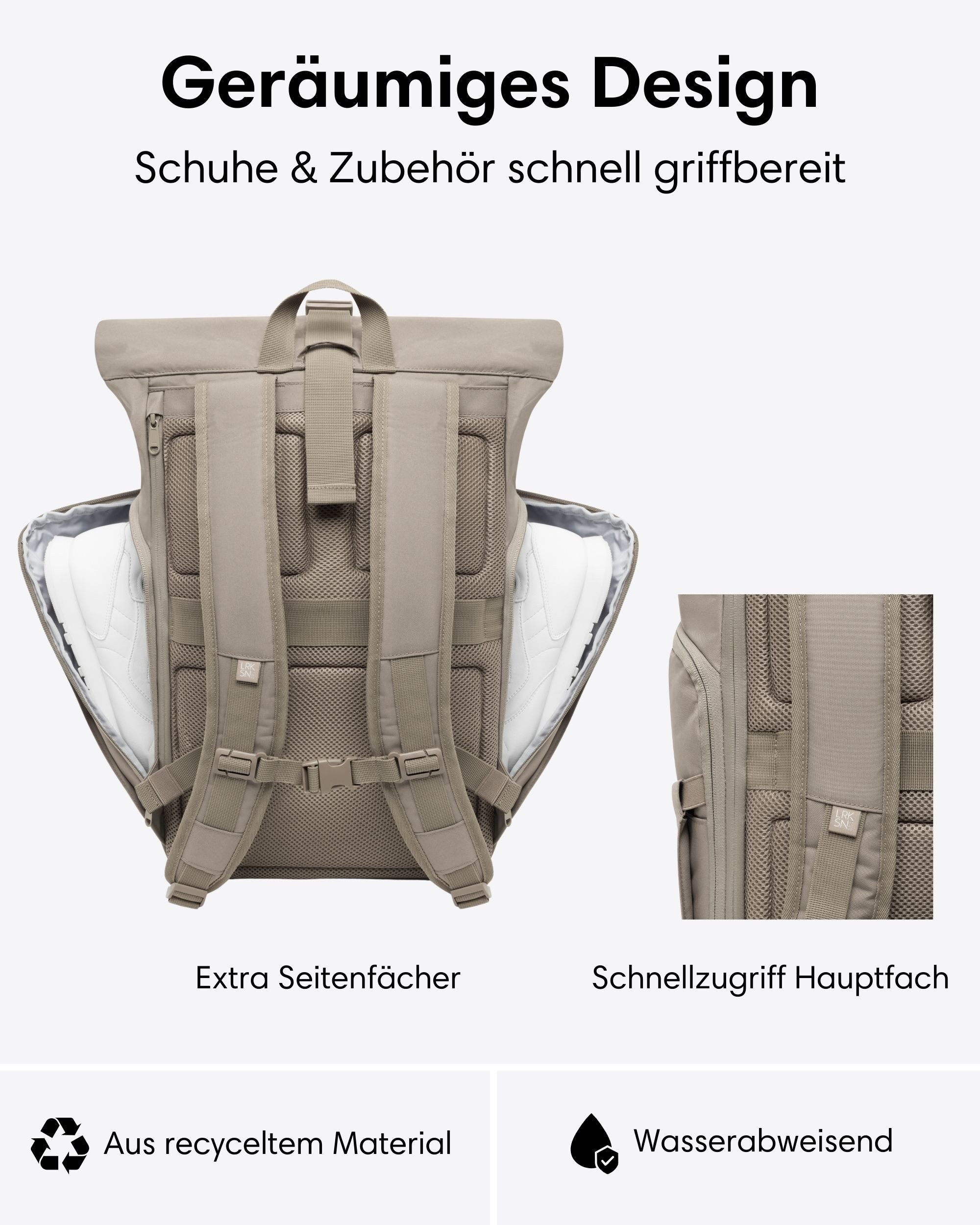 LARKSON Cityrucksack No 4 Large Rolltop Rucksack für Damen und Herren (1-tlg), Geräumiger Rolltop Rucksack für Reisen, Wasserabweisend