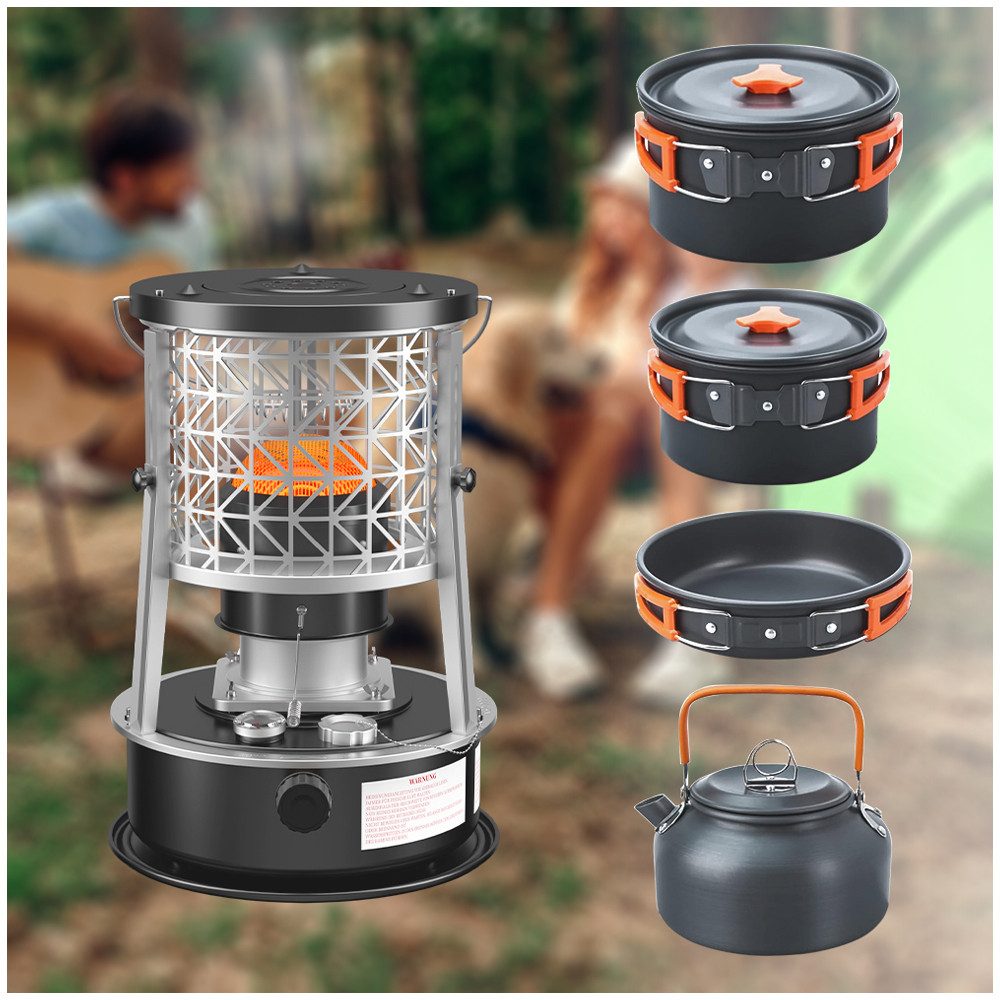 Rhein Beleuchtung Gaskocher Brennstoff-Heizofen R95 mit Camping Kochgeschirr Set 16-tlg, (Set, 23-St., Outdoor Heiz- & Kochlösung für Camping, Balkon & Notfallversorgung), 2600 W Bioethanol Petroleumofen · Tragbar, klappbar & stromlos
