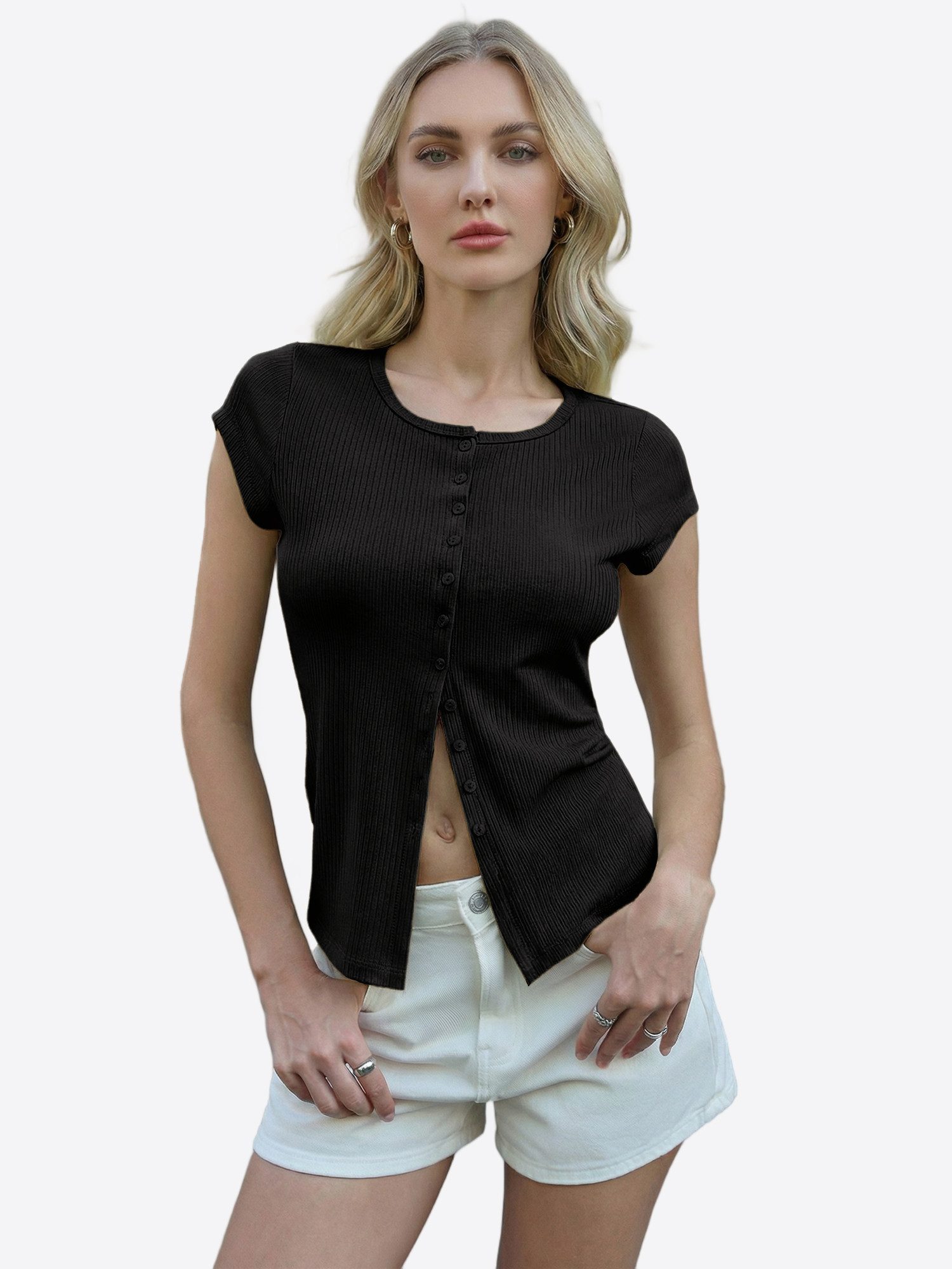 Imily Bela Strickjacke Damen enganliegende Strickbluse mit Knopfleiste (Packung, 1-tlg., 1per-Pack) in Unifarbe