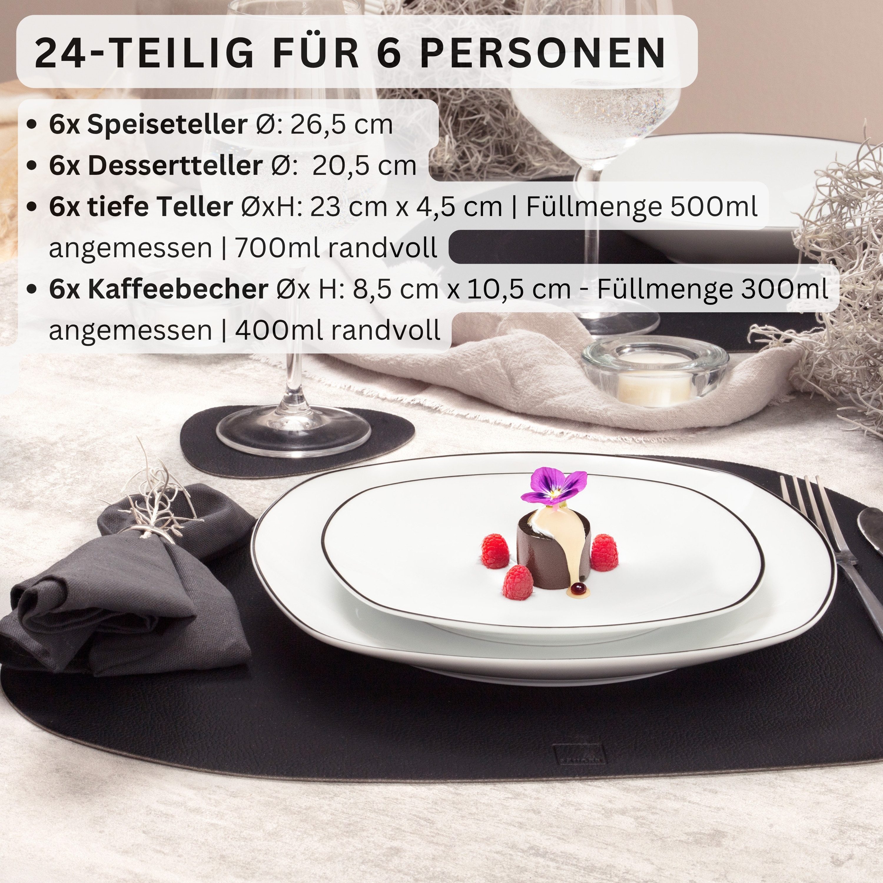 SÄNGER Tafelservice Bilgola Black Rim (24-tlg), 6 Personen, Porzellan, Weiß mit schwarzen Akzenten, spülmaschinenfest, Premium Collection