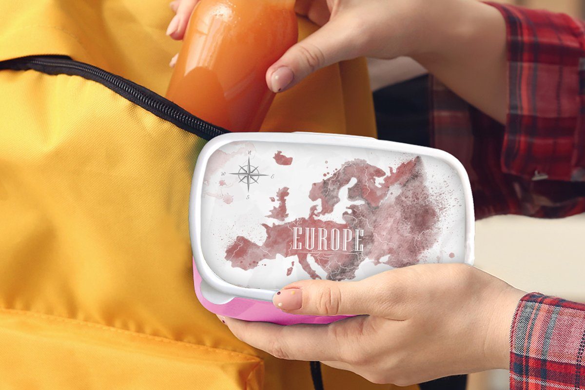 für Erwachsene, rosa Europa - Kinder, Kunststoff - - Kompass, Aquarell Lunchbox Brotdose Karte (2-tlg), Snackbox, Kunststoff, MuchoWow Brotbox Mädchen,