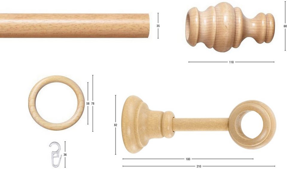 Gardinenstange BAROCK, GARESA, Ø 35 mm, 2-läufig, Wunschmaßlänge, rustikale  Vorhanggarnitur Holz, verlängerbar, mit Ringe/2 Lauf Gleiter