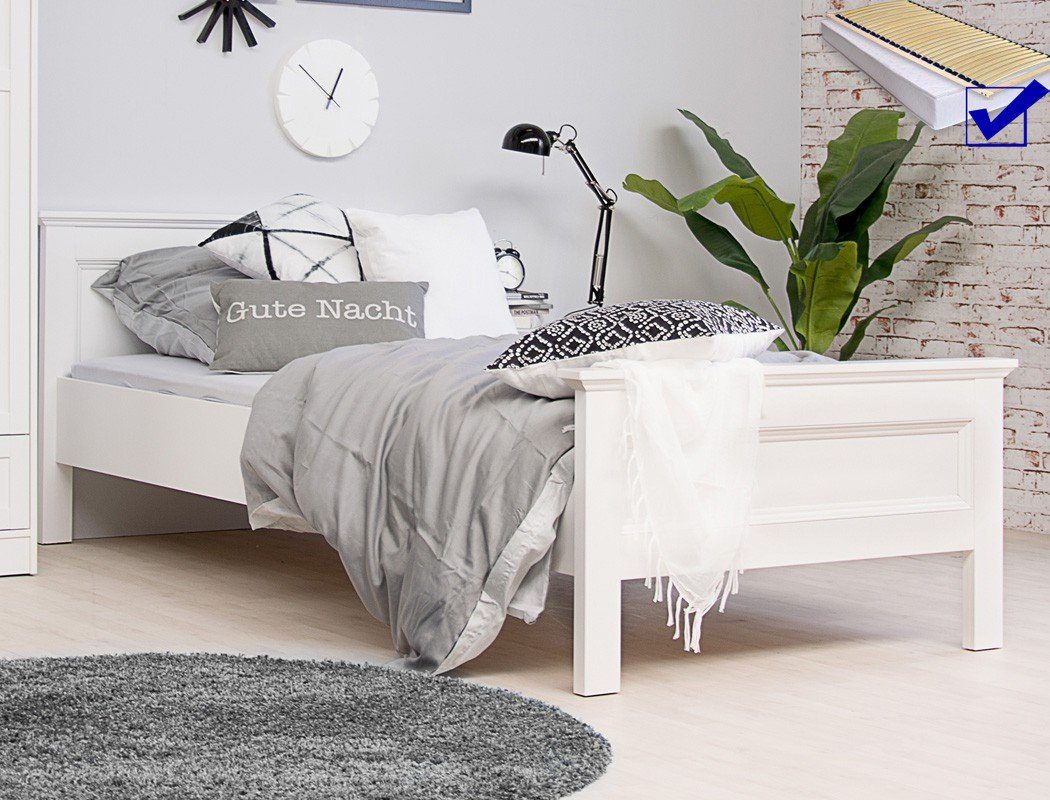 expendio Bett »Landström 61«, Landhausstil weiß Bett 90x200 cm inkl.  Lattenrost und Taschenfederkernmatratze