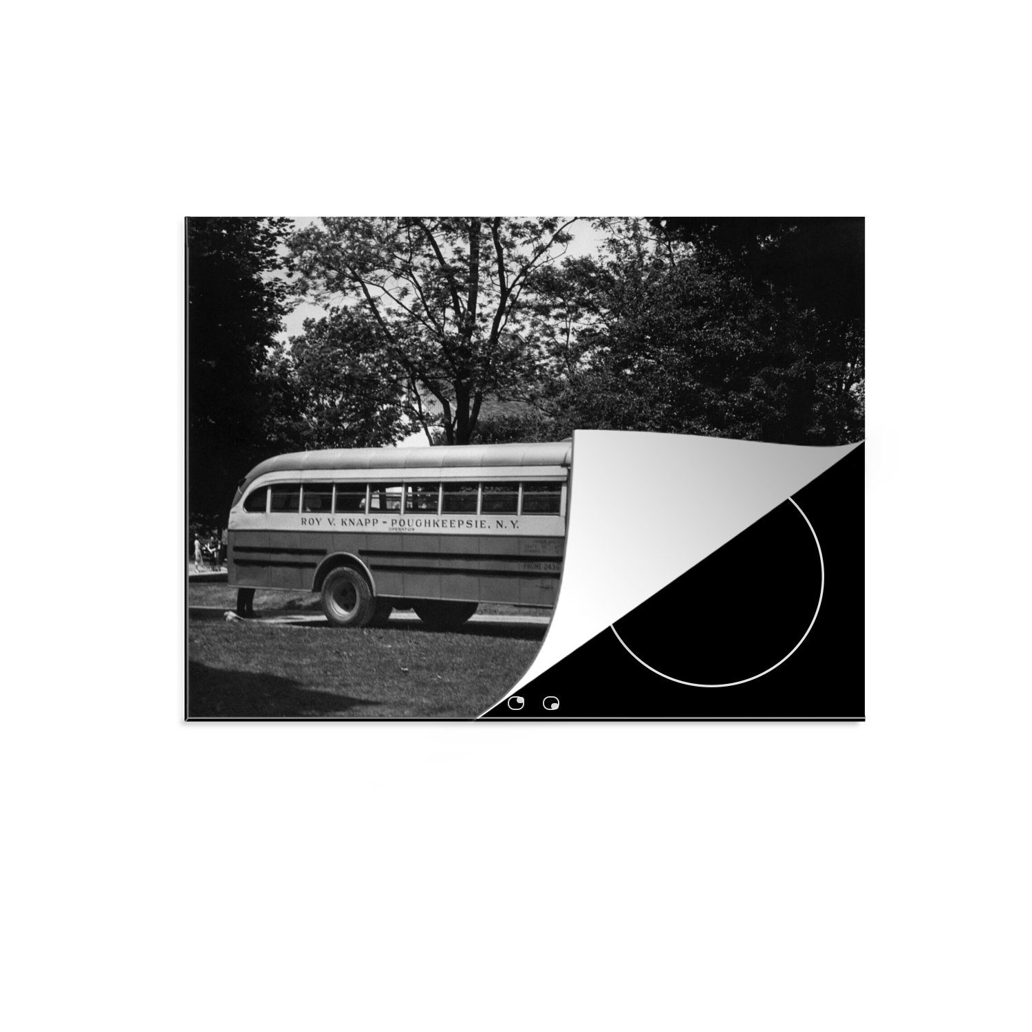 MuchoWow Herdblende-/Abdeckplatte Bus - Retro - Schwarz - Weiß, Vinyl, (1 tlg), 60x52 cm, Mobile Arbeitsfläche nutzbar, Ceranfeldabdeckung