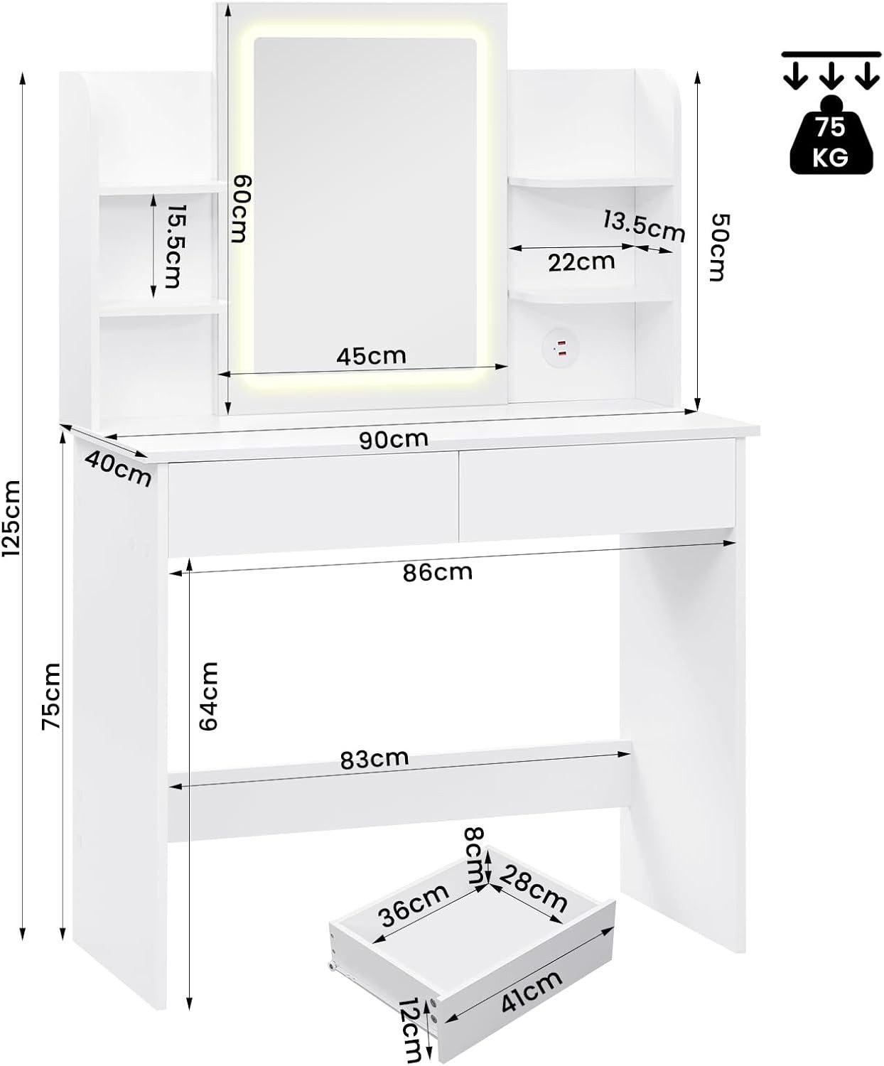 Woltu Schminktisch (1-St), mit Spiegel, mit LED-Beleuchtung, 2 USB-Ports, Weiß