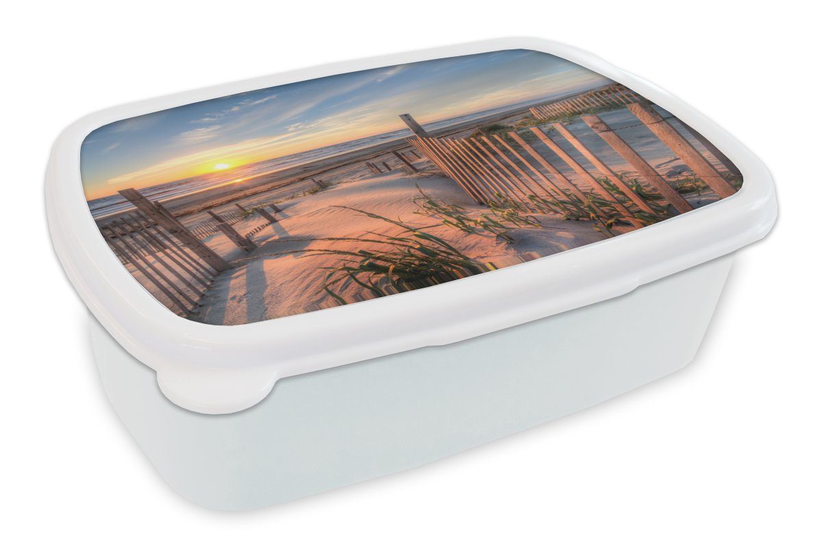 MuchoWow Lunchbox Strand - Meer - Düne - Sonnenuntergang - Landschaft, Kunststoff, (2-tlg), Brotbox für Kinder und Erwachsene, Brotdose, für Jungs und Mädchen weiß