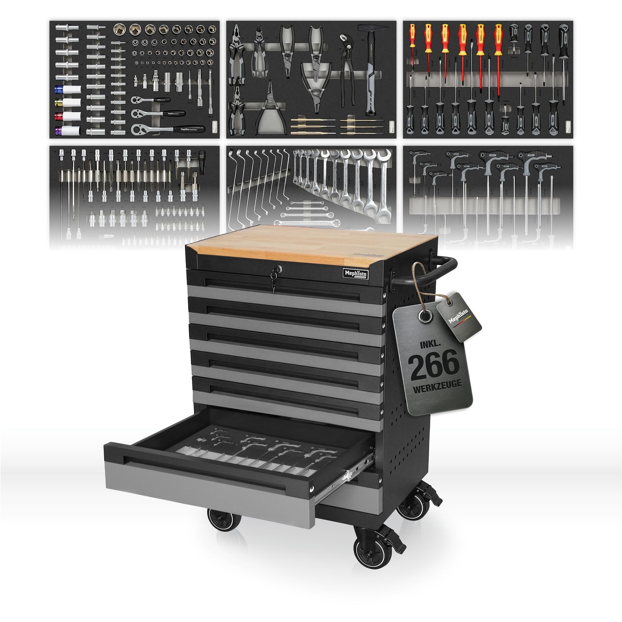Mephisto-Tools Werkzeugwagen, (fertig montiert und bestückt), 7 Schubladen abschließbar & bis zu 40 kg belastbar, 2 Schlüssel inkl.