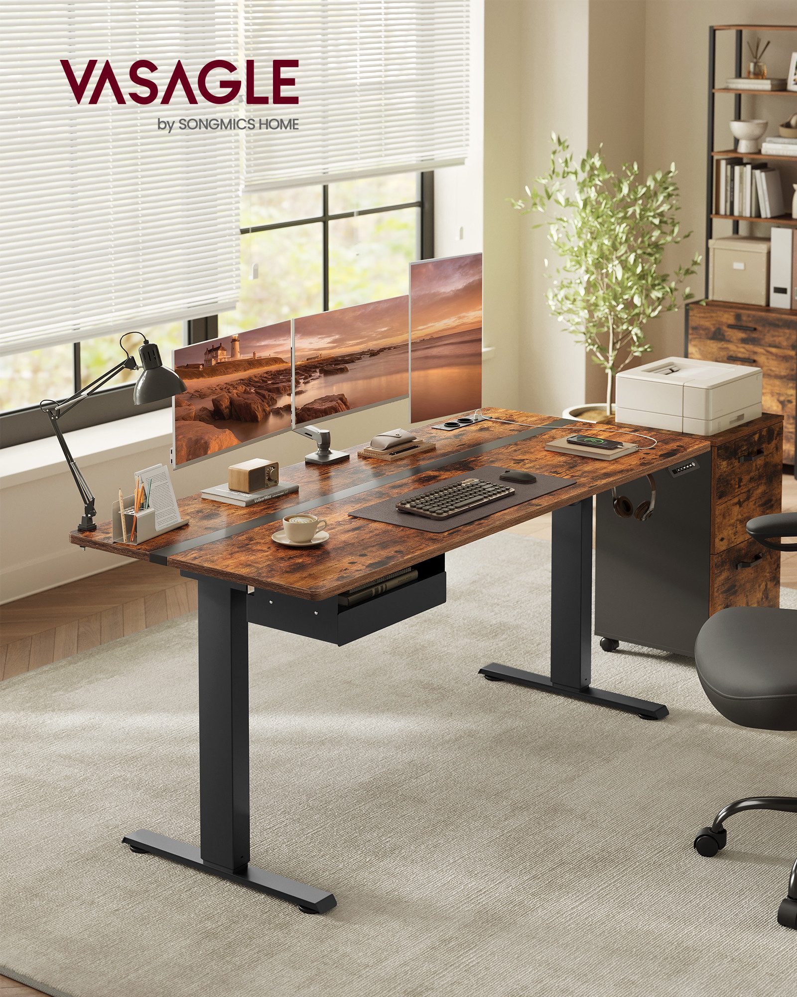 VASAGLE Schreibtisch höhenverstellbar, elektrisch, mit Steckdosen und Stoff günstig online kaufen