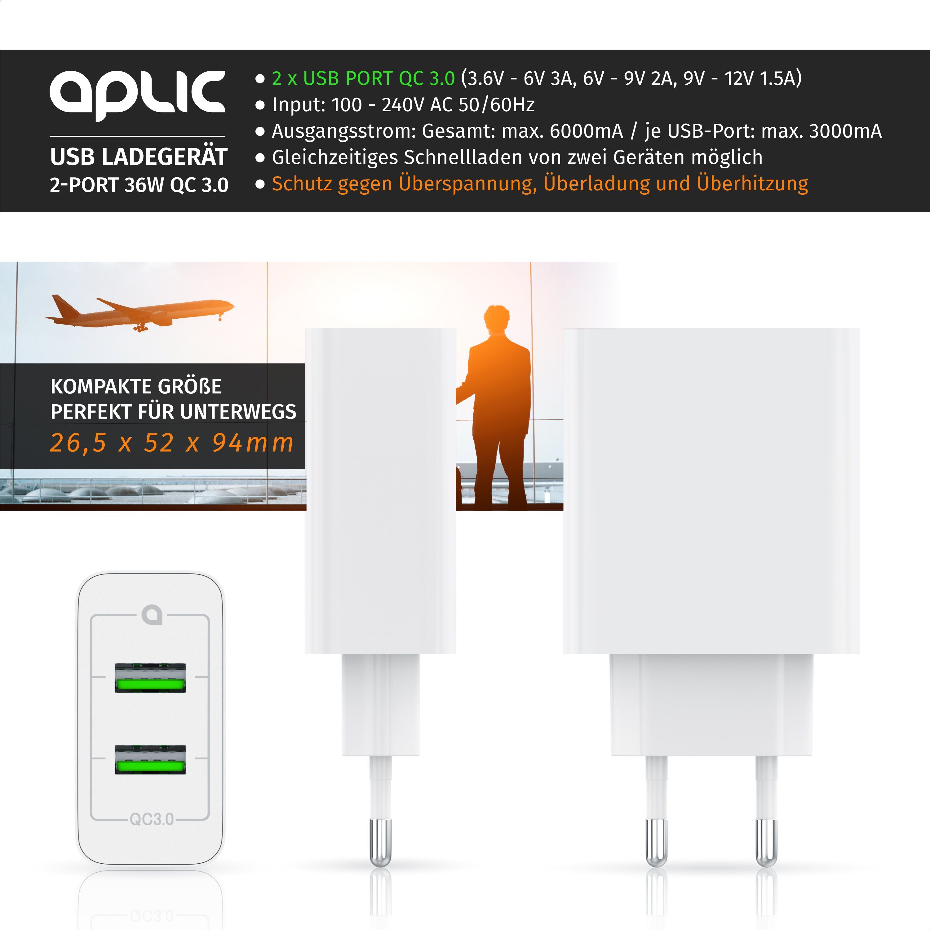 Aplic 2-Port Quick Charge USB Ladegerät 36 W, 6000 mA, Schnellladefunktion USB-Ladegerät (6000 mA, Ladeadapter mit Überhitzungs- und Spannungsschutz, 2 USB Anschlüsse)