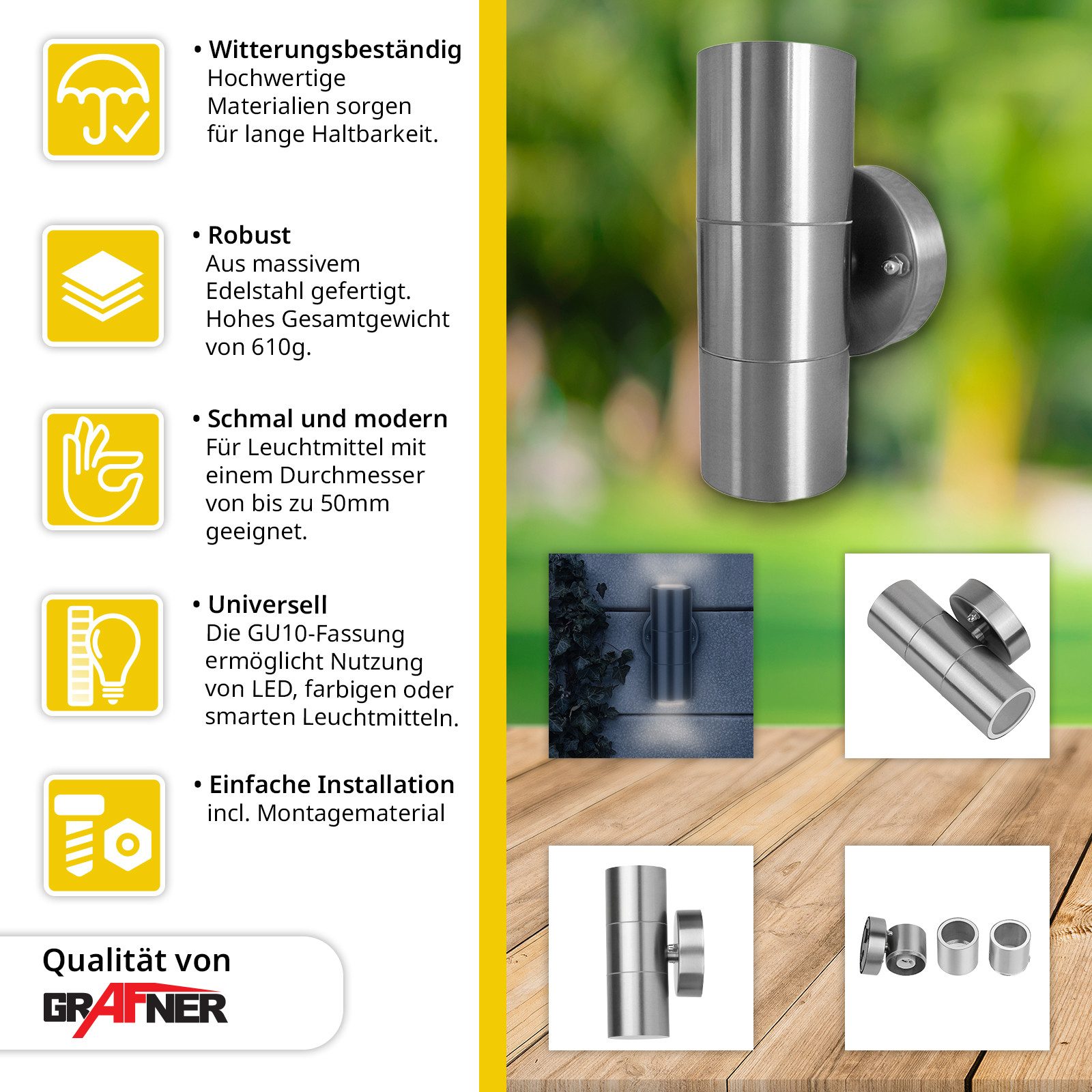 Grafner Außen-Wandleuchte Wandlampe Leuchte GU10 Edelstahl Lichtschein Up&D günstig online kaufen