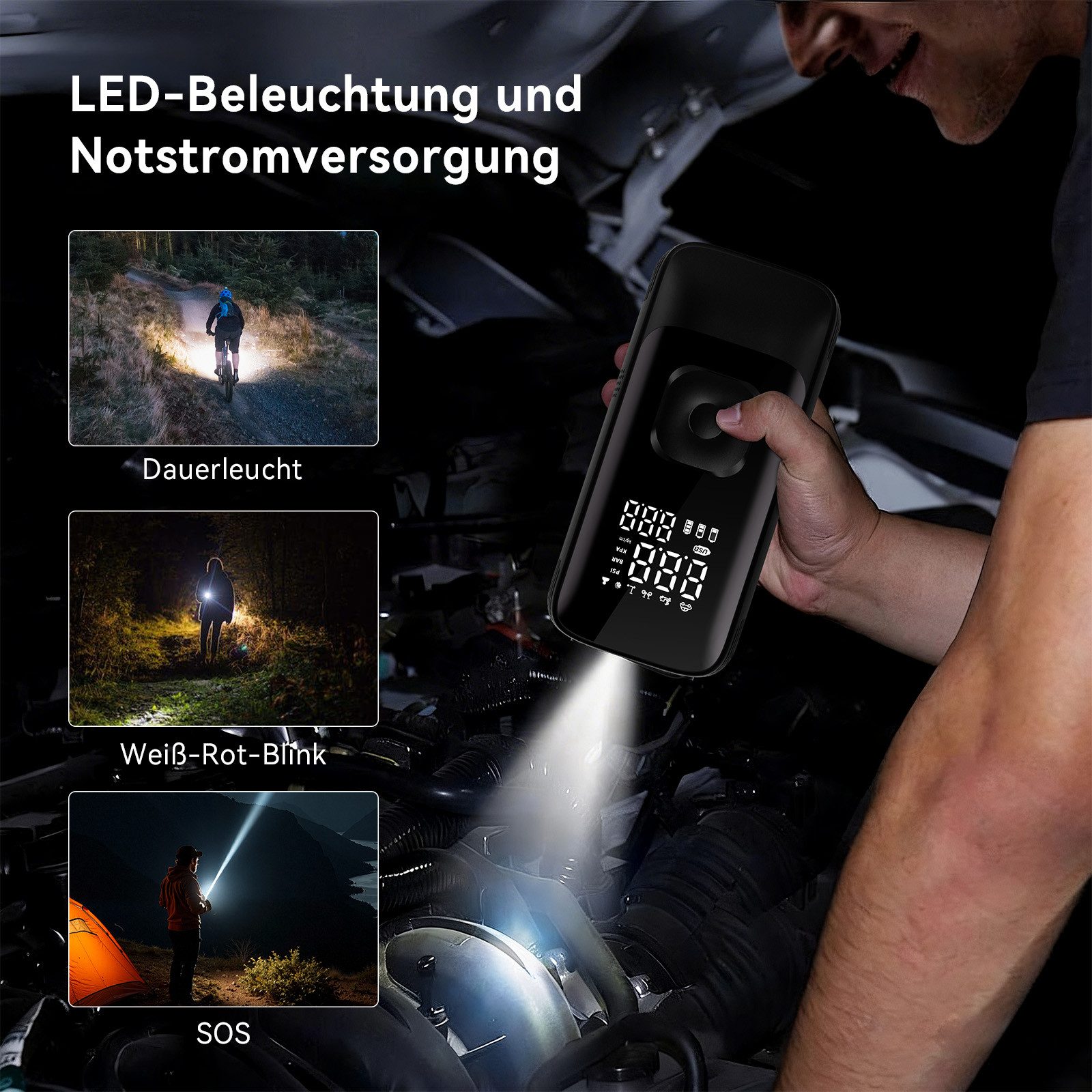 skelo Akku-Luftpumpe Elektrische Luftpumpe, elektrische Fahrradpumpe, 150 PSI, 4500 mAh (6-tlg., für Auto, Fahrrad, E-Bike, Motorrad und Bälle), Akku-Kompressor – Bild 4 von 5