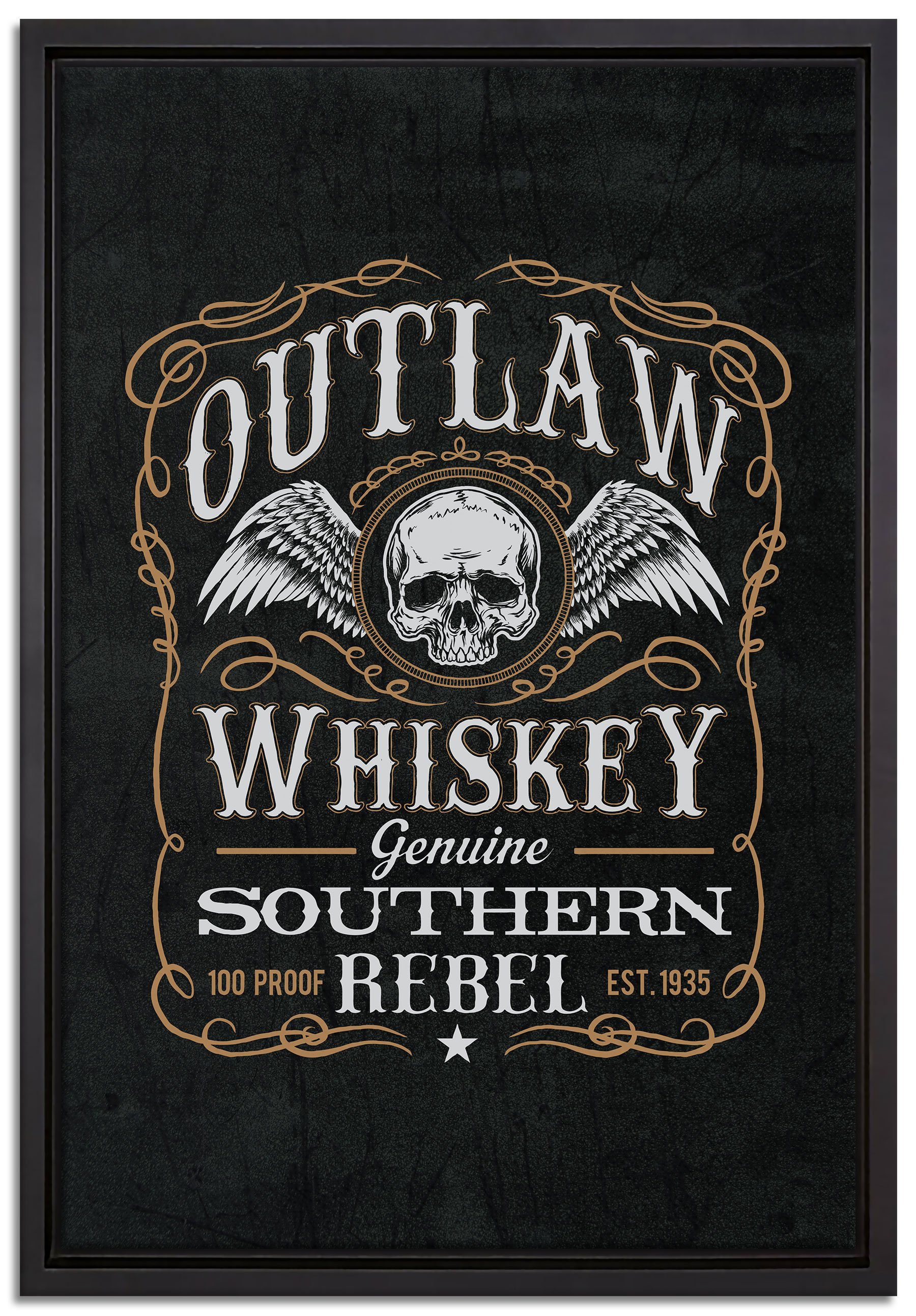 Pixxprint Leinwandbild Whiskey Etikett „Outlaw“, Wanddekoration (1 St), Leinwandbild fertig bespannt, in einem Schattenfugen-Bilderrahmen gefasst, inkl. Zackenaufhänger