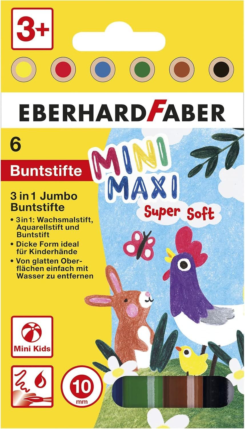 Eberhard Faber Buntstift Jumbo 3in1 mit Wachsmalstift, Aquarellstift und Buntstift, 6 Malstifte