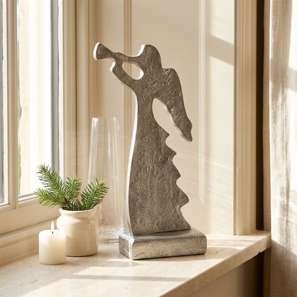 Antikas Weihnachtsfigur Skulptur, Engel, Metall, Nickel beschichtet, Weihnachtsdeko, groß