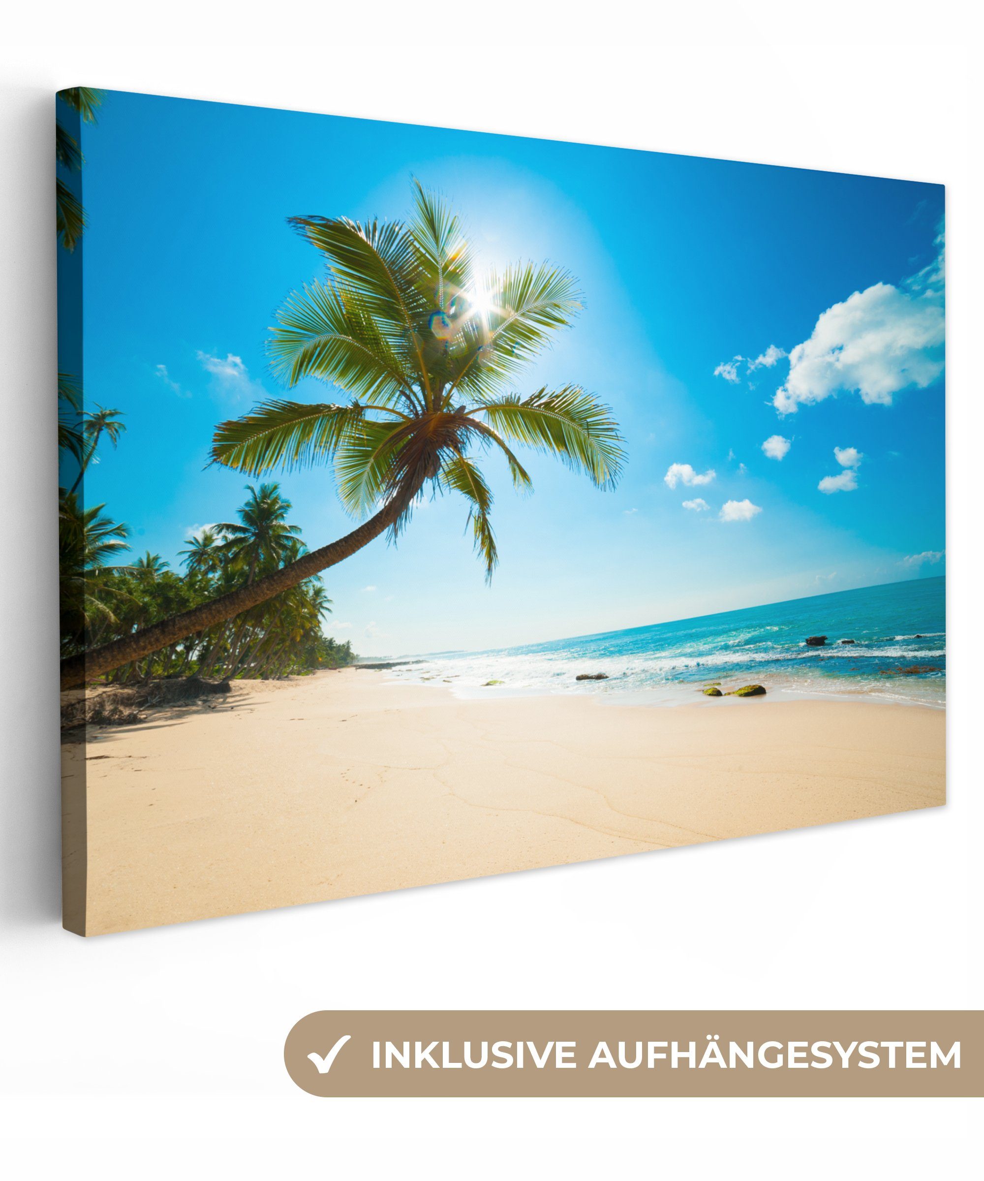 OneMillionCanvasses® Leinwandbild Strand - Meer - Sonne - Palme, Fotodruck (1 St), Leinwand Bilder Klein, Wand Dekoration Aesthetic 30x20 cm