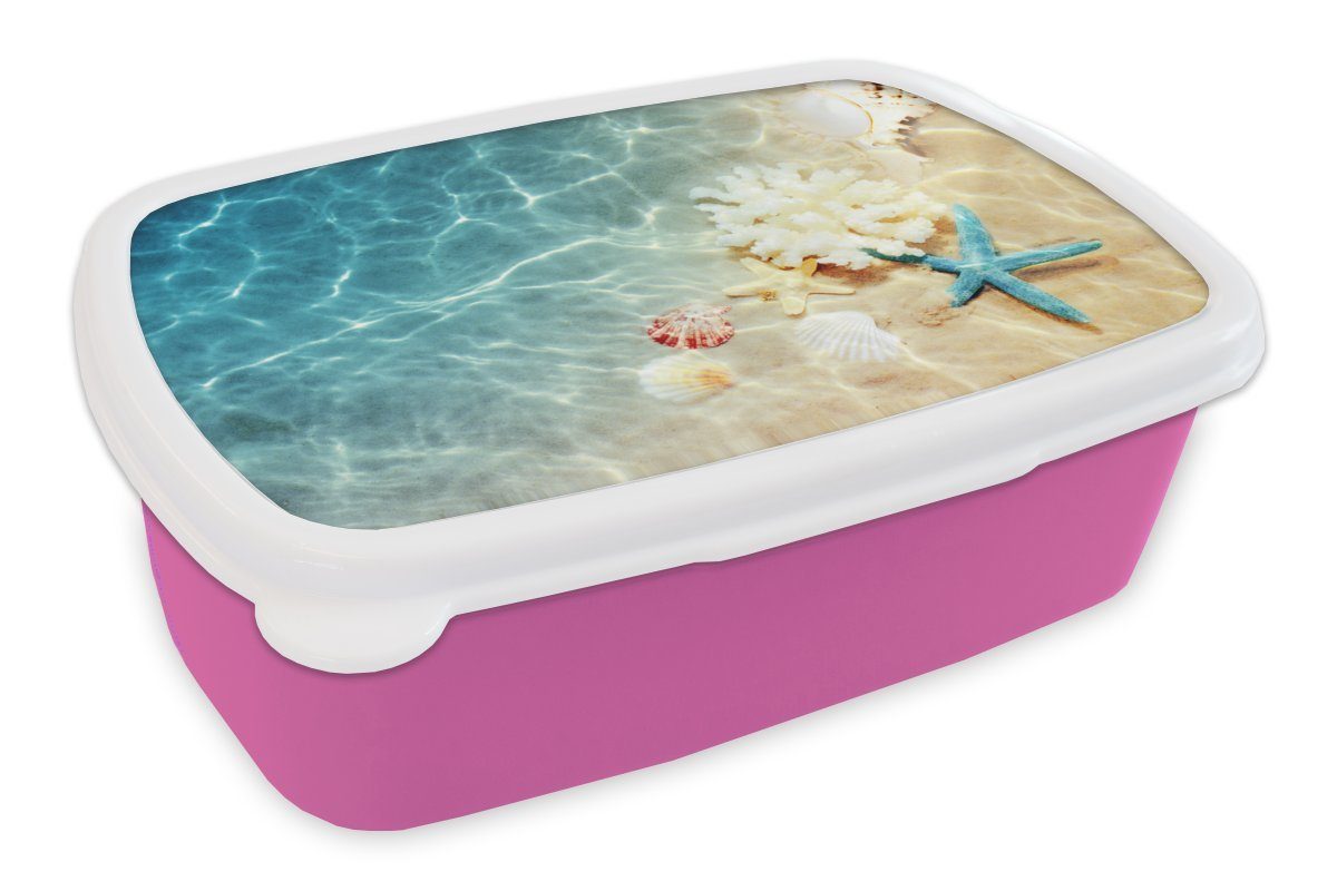 Lunchbox MuchoWow - Kunststoff Brotbox Kunststoff, Sommer, - für Mädchen, rosa Erwachsene, Brotdose Muscheln Snackbox, Meer Kinder, (2-tlg),