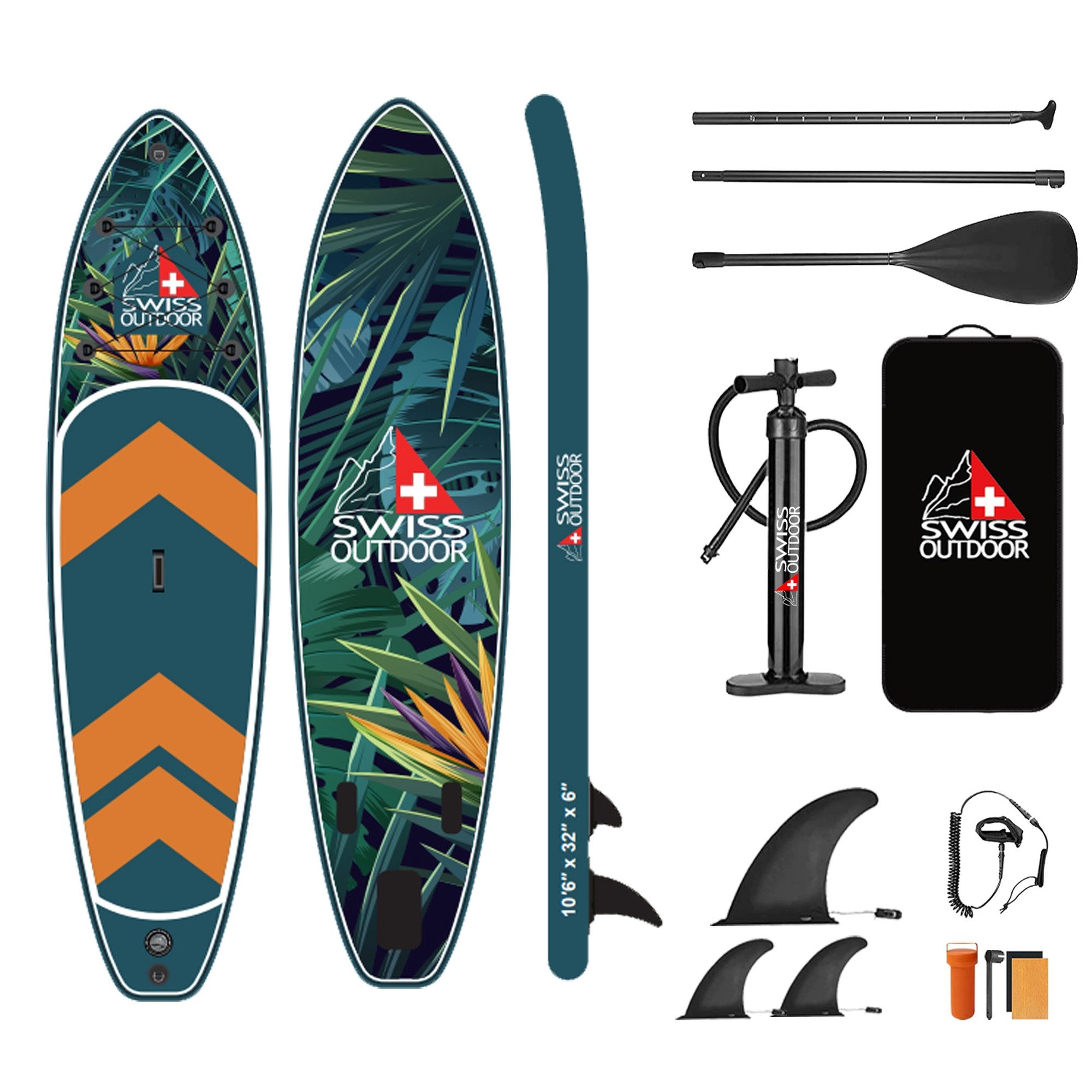 Swiss Outdoor SUP-Board Stand Up Paddle SUP dschungel, (Set, mit Paddel, Transporttasche, Finnen, Pumpe), mit Paddel, 2 Wege Pumpe, Rucksack, 3 Finnen
