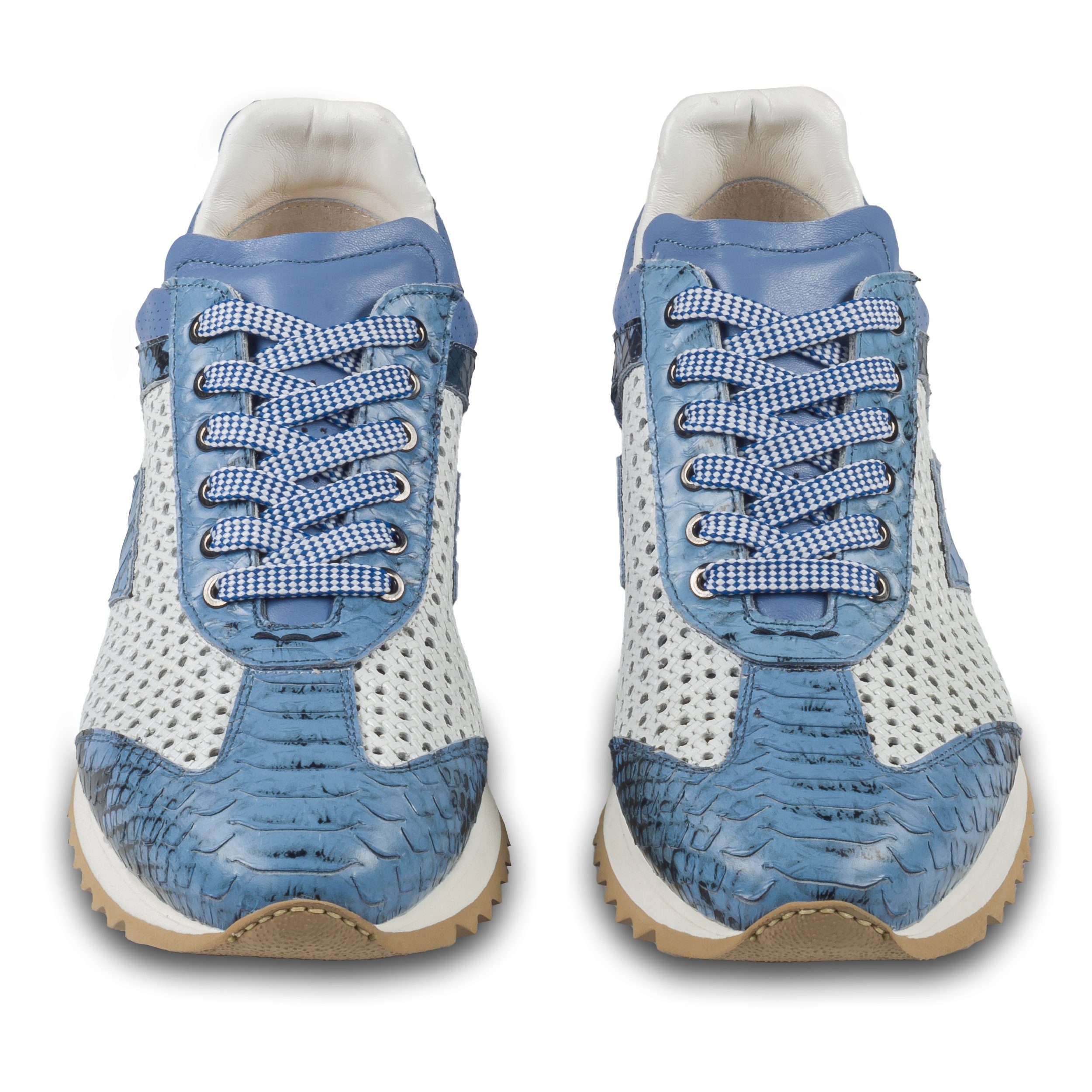 Lorenzi Lorenzi Herren Sneaker blau/weiß, Leder Schlangen-Prägung & perforiert Sneaker Handgefertigt in Italien