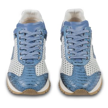 Lorenzi Sneaker blau / weiß mit Schlangen-Prägung und perforiertem Kalbsleder Sneaker Handgefertigt in Italien