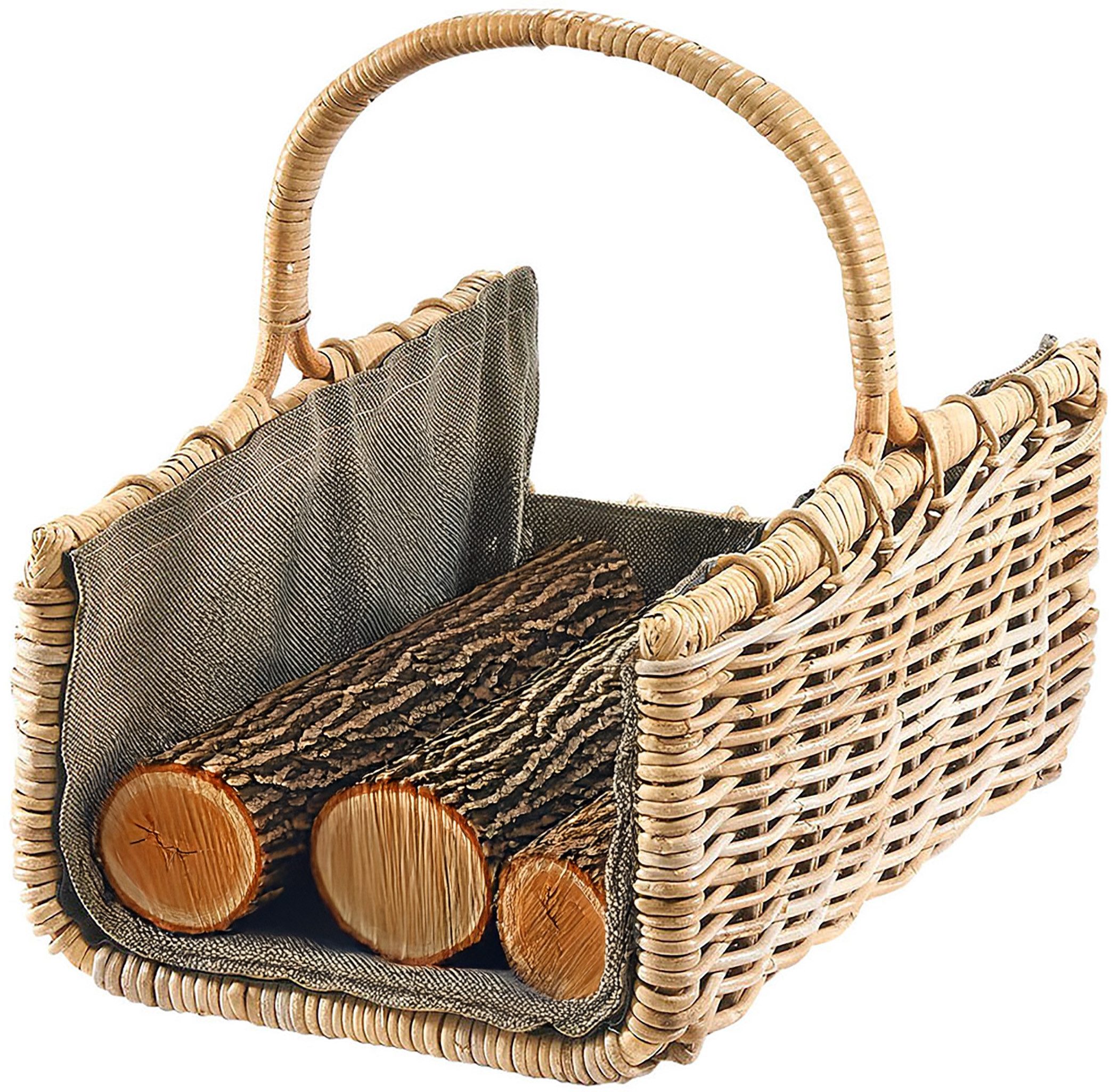 Kobolo Kaminholzkorb Holztrage aus grauem Rattan mit dunklem Stoff