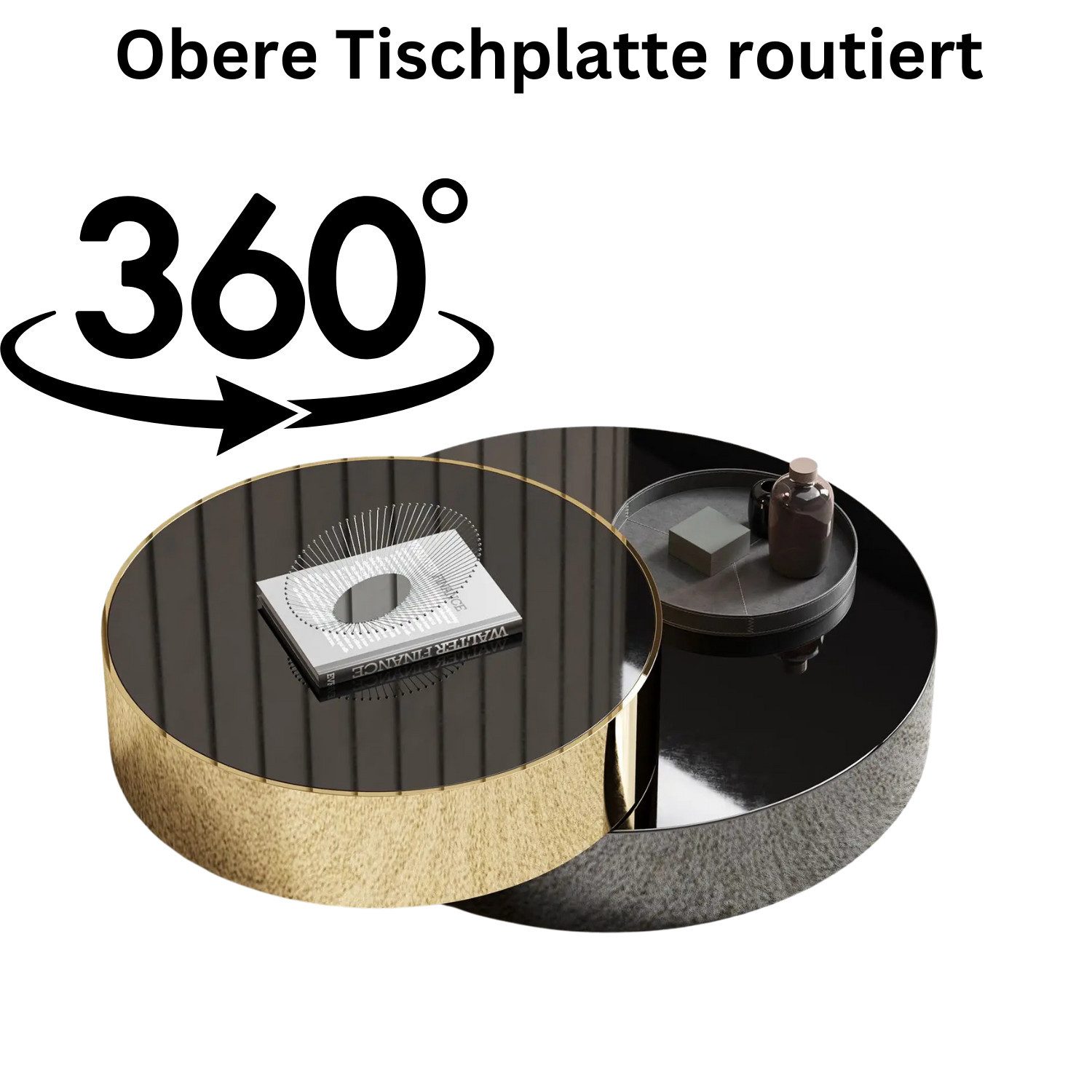alesvelt Couchtisch edler Beistelltisch 2er Set 100cm 360 Grad Rotation gold/schwarz (2er Set), 360-Grad Rotation