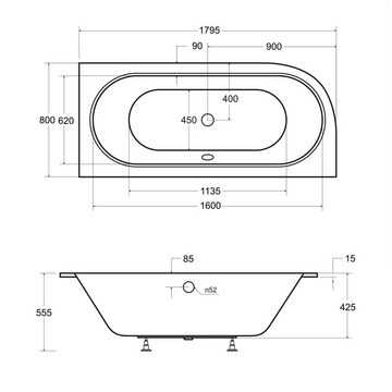 KOLMAN Badewanne Eckbadewanne Avita Slim 180x80, (Links/Rechts), Rand 15 mm Styroporverkleidung, Ablauf VIEGA & Füße GRATIS