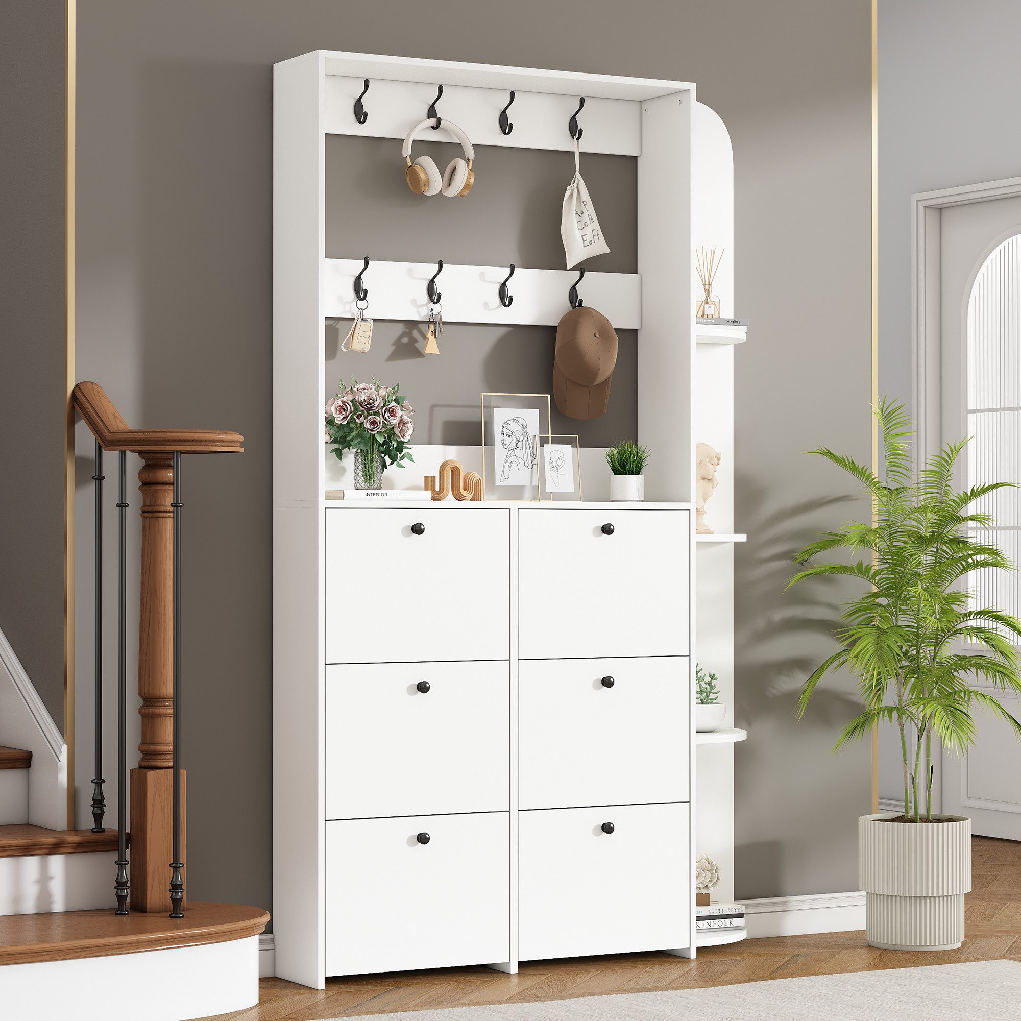 Merax Garderoben-Set Garderobenständer mit Schuhschrank, (120 x 24 x 200 cm, 1-St), 3-in-1 Flurgarderobe Komplett-Set mit 8 Klapptüren, 8 Haken & Ablagen