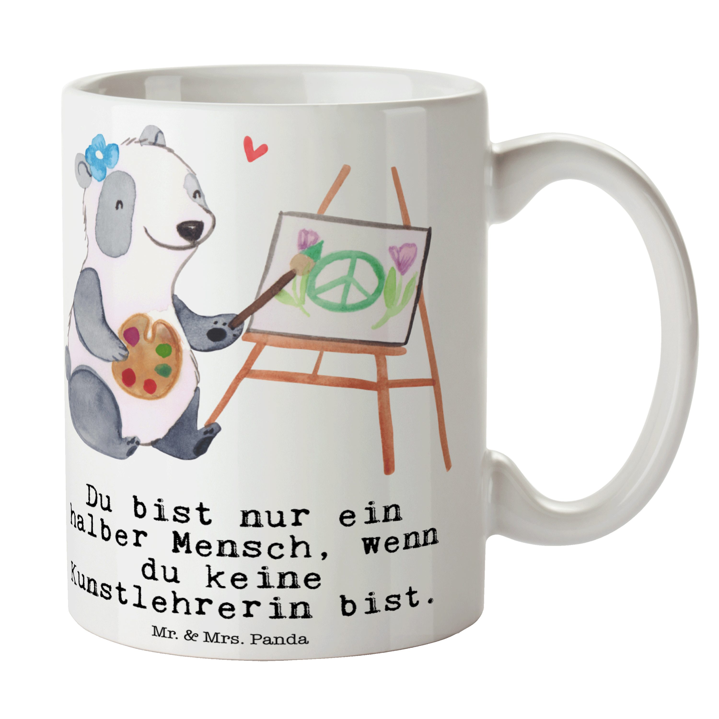 Mr. & Mrs. Panda Tasse Kunstlehrerin mit Herz - Weiß - Geschenk, Kaffeebecher, Jubiläum, Tas, Keramik