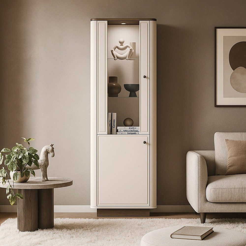 Lomadox Vitrine VEJANO-131 Vitrinenschrank Beige mit Eiche, 1 Tür
