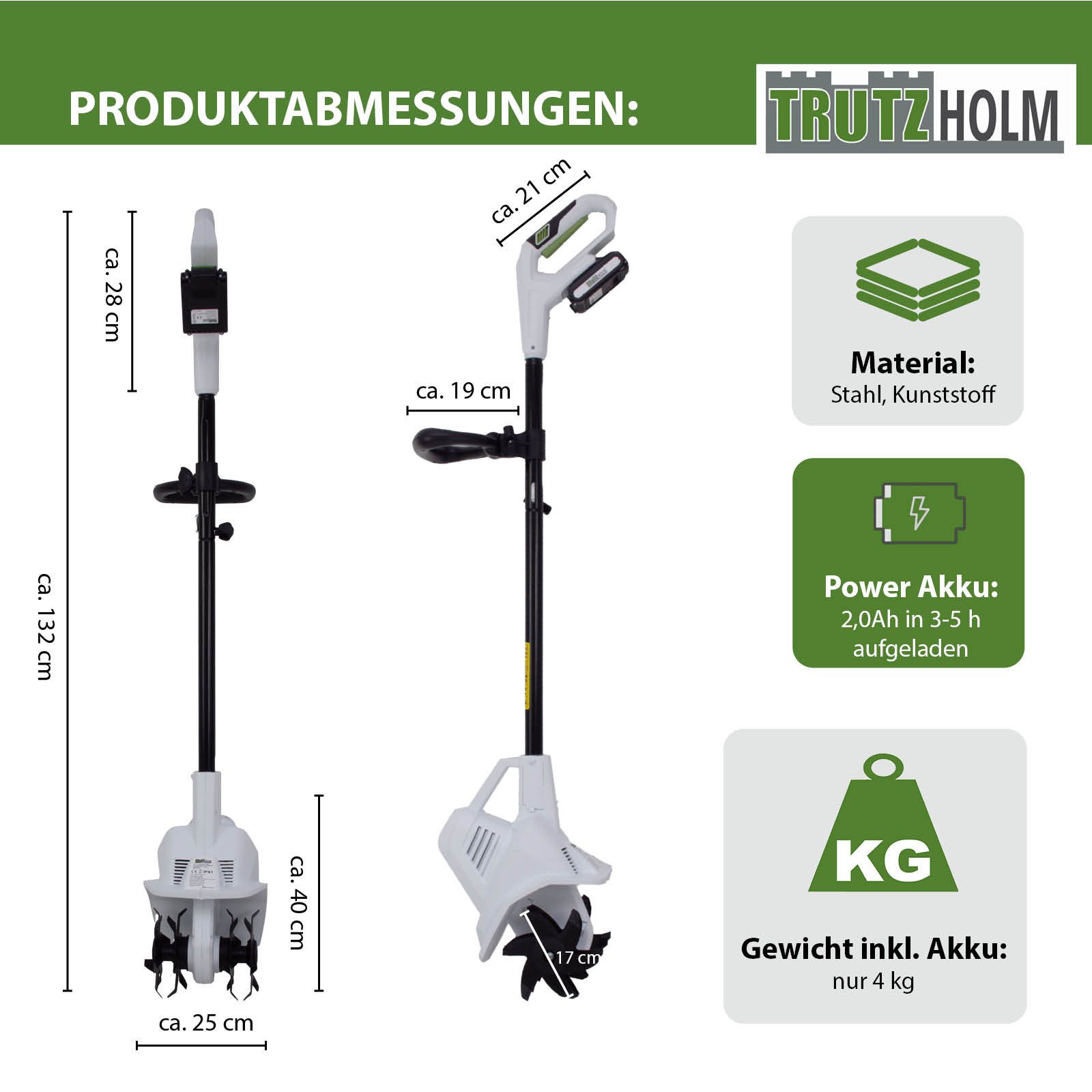 TRUTZHOLM Akku-Motorhacke Akku Bodenhacke 20V/2.0Ah mit 2 Akkus und Ladegerät
