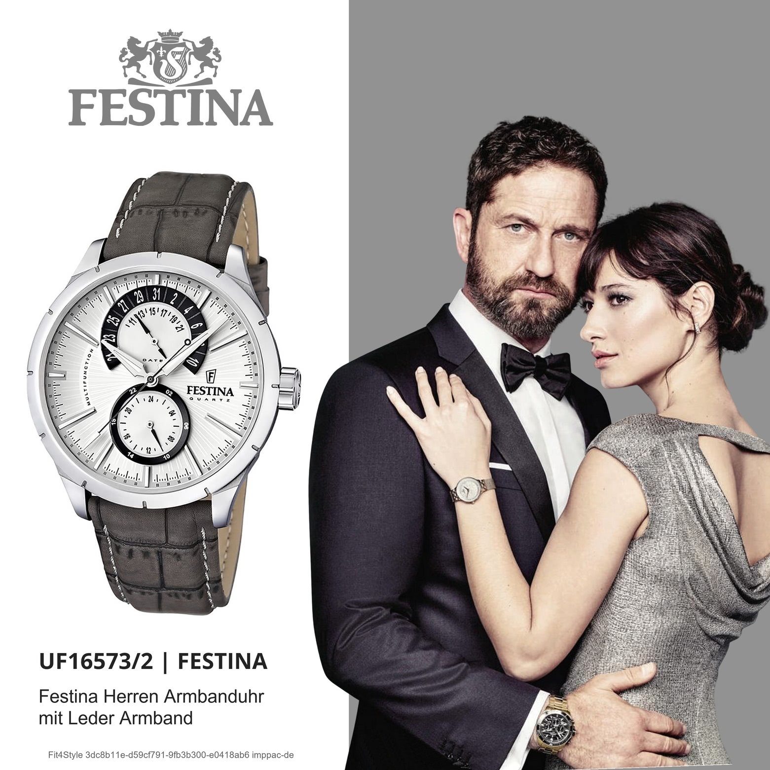 Festina Elegant Armbanduhr grau Lederarmband Uhr UF16573/X F16573/X, Herren rund, Multifunktionsuhr Herren Festina schwarz