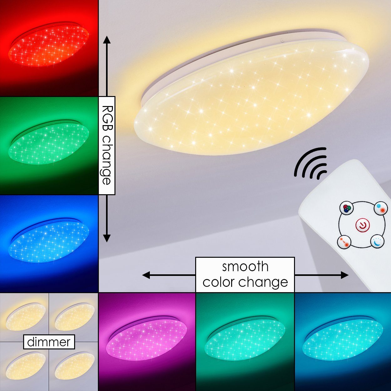 hofstein Deckenleuchte »Ovaro« runde Deckenlampe mit RGB Farbwechsler und Fernbedienung, RGB Kelvin, Glitzereffekt, dimmbar Sternenhimmeloptik, Nachtlichtfunktion | Deckenlampen