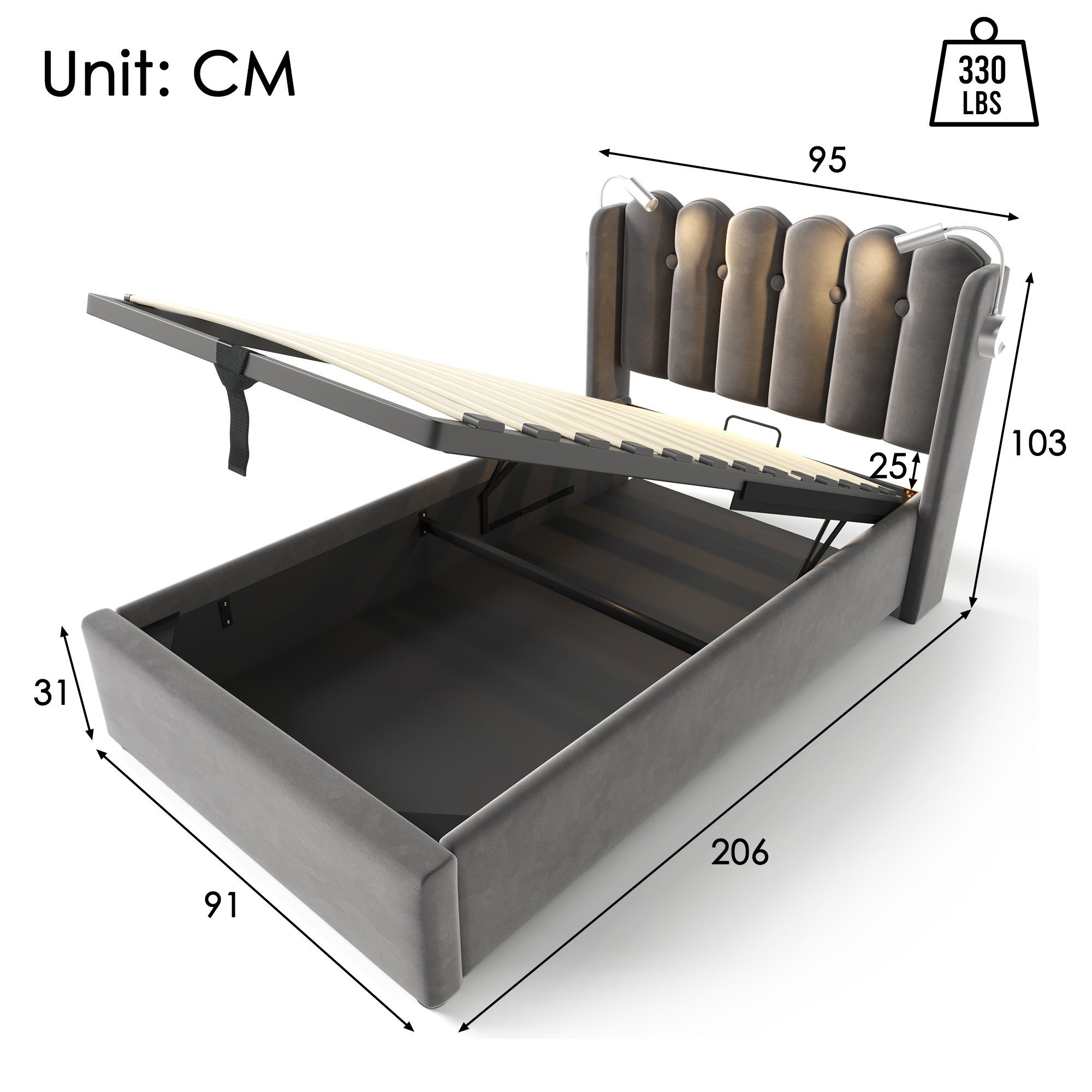 Samt ×200CM), mit und Polsterbett mit Ohne Grau Einzelbett Bettkasten, USB-Ladeanschlüsse, (1-tlg., 2 Leselicht BlingBin lattenrost, Ladefunktion Matratze, 90