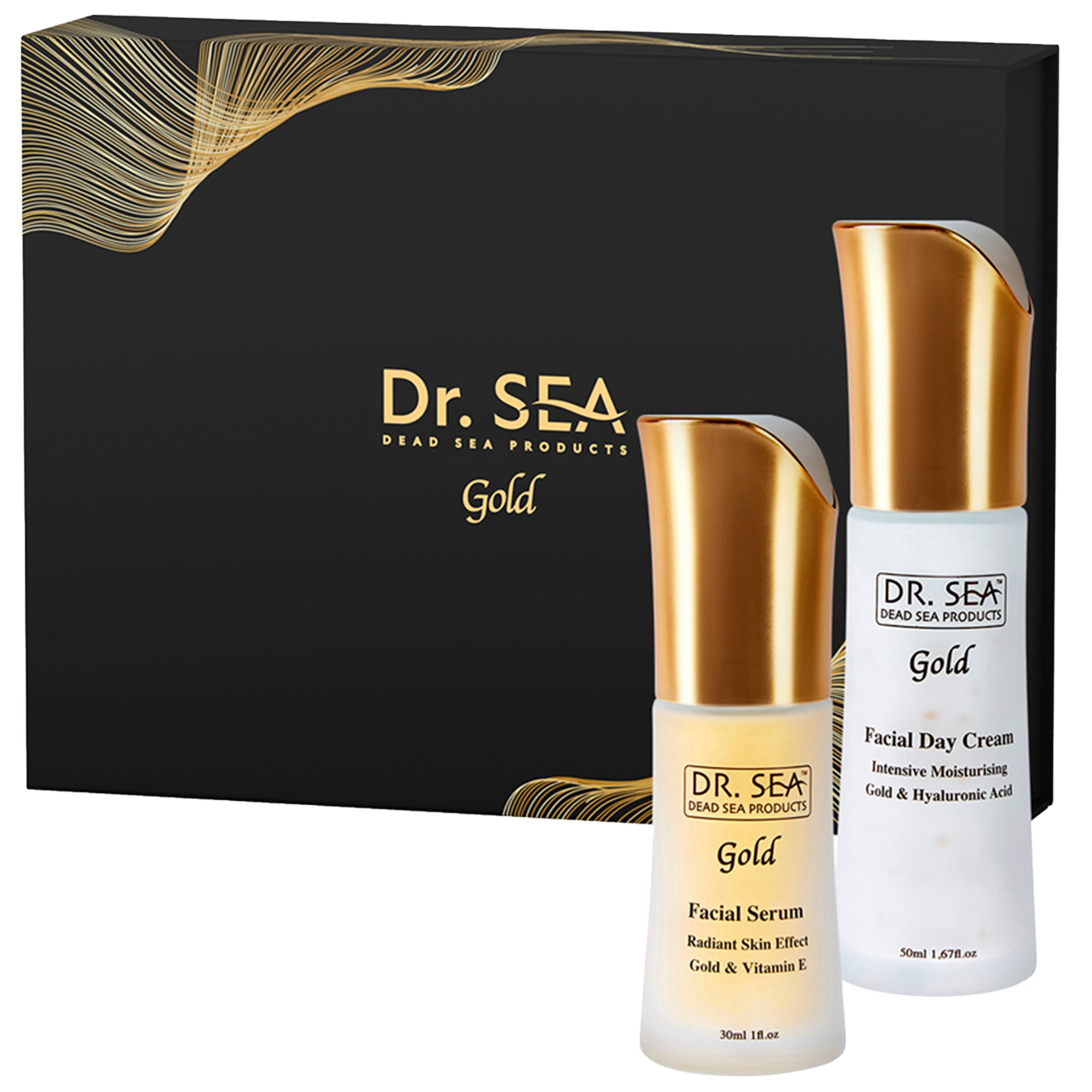 DR. SEA Pflege-Geschenkset 2er Set Gold Glow Effekt Serum und Tagescreme, Mit Hyaluron, Vitamin E, Peptid Komplex und Totes meer Mineralien