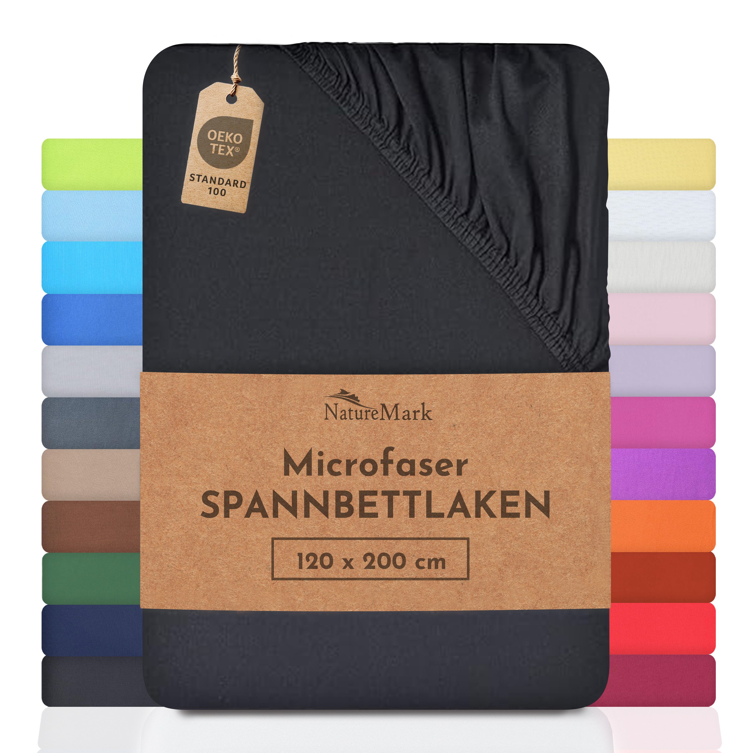 NatureMark Spannbettlaken Mikrofaser Spannbetttuch, Polyester, Gummizug: rundum, viele Größen und Farben Markenware, 200x220 cm, Schwarz