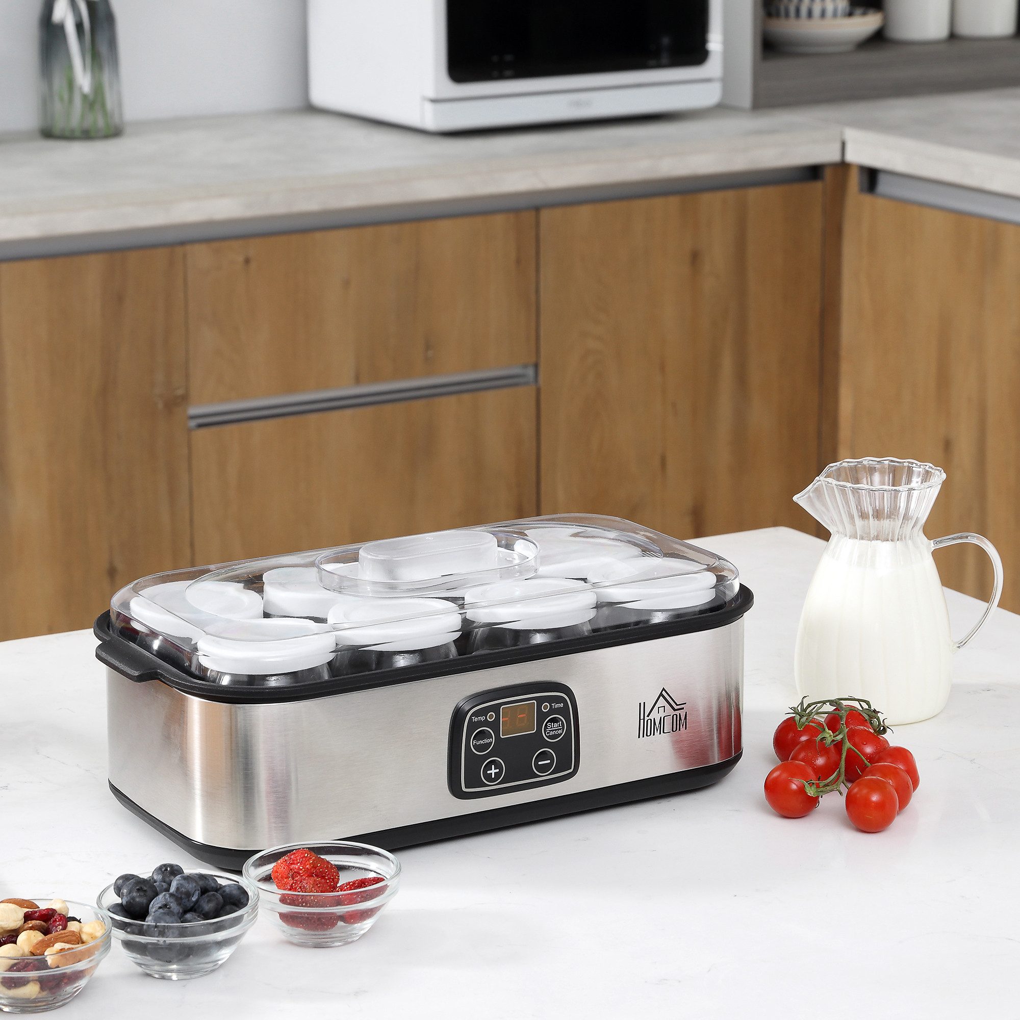 HOMCOM Joghurtbereiter Griechische Joghurtmaschine, Joghurt Maker für 1,4 L, LCD Timer, 8 Portionsbehälter, je 180 ml, PC PP-Kunststoff Edelstahl Glas Silber 36 x 18.8 x 14 cm