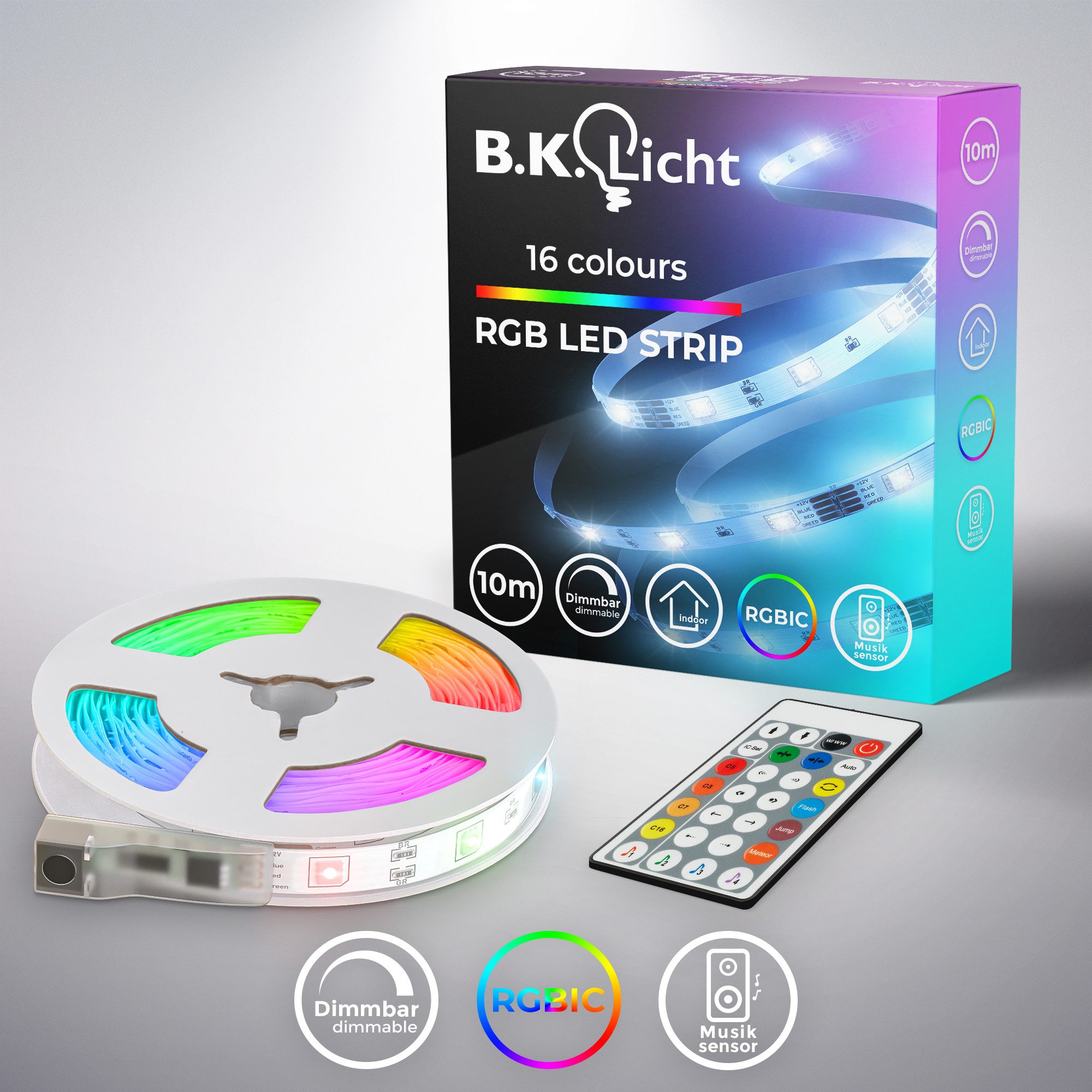 B.K.Licht LED Stripe RGBIC LED Strip, 10 m, mit Musiksensor, 300-flammig, Lichtleiste, Band mit Farbwechse, mit Fernbedienung, selbstklebend