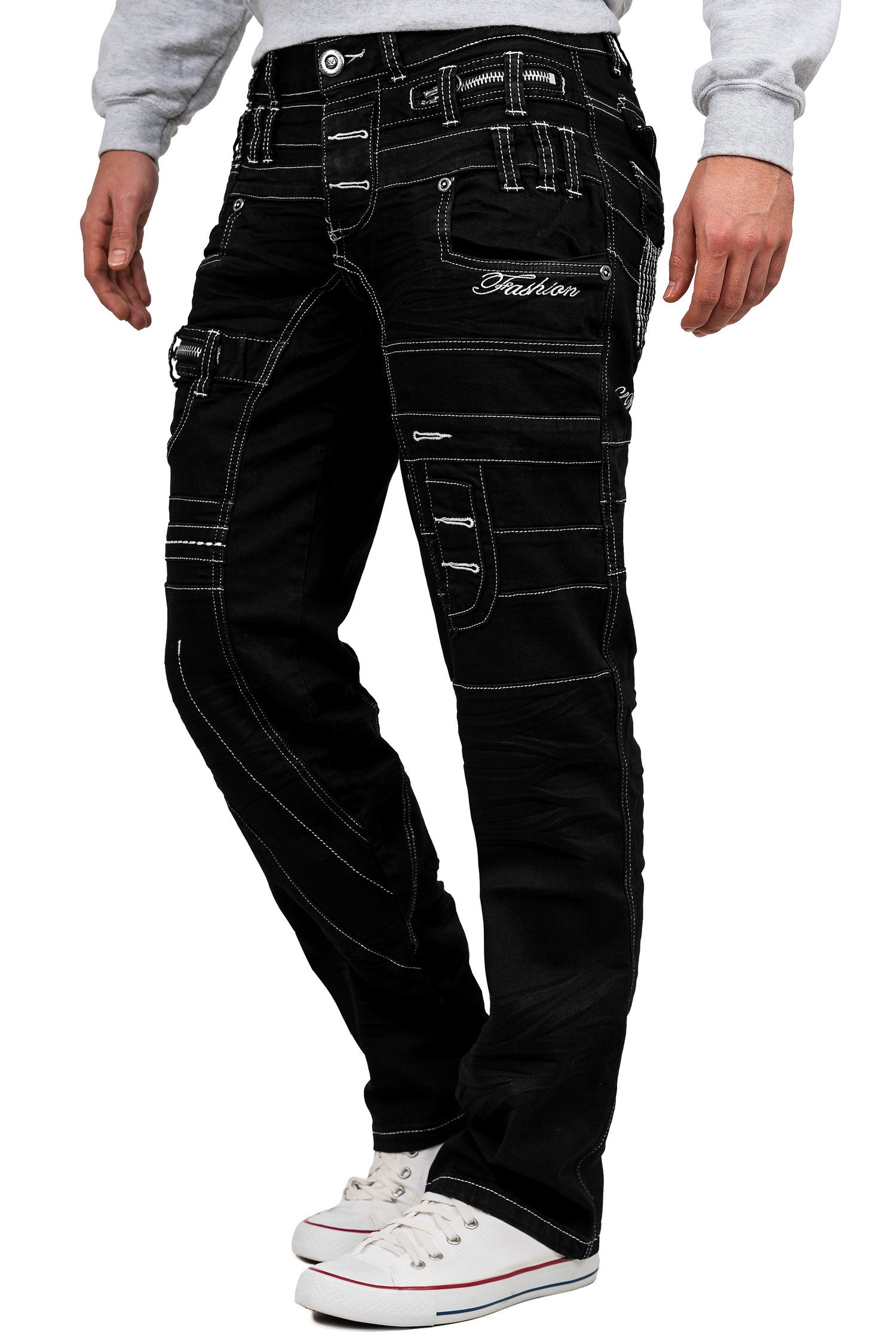 Kosmo Lupo 5-Pocket-Jeans Herren Regular Fit Hose Mid Waist KM020-1 (1-tlg) mit aufgesetzten Applikationen
