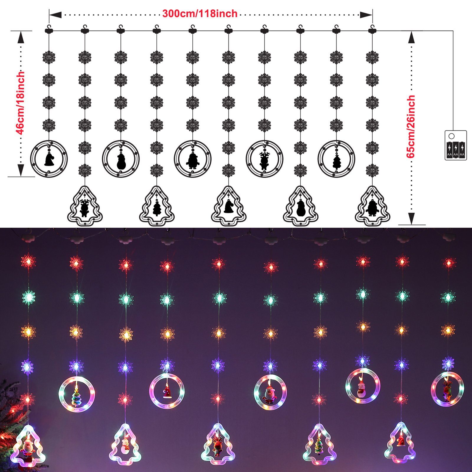 8 Fenster Party Xmas LED Fernsteuerung mit LED-Lichterkette Sterne Timer Sunicol Lichterketten USB/Batterie Schneeflocken Weihnachtsdeko, RGB Modi, Lichtervorhang, Weihnachtsbaum 3M