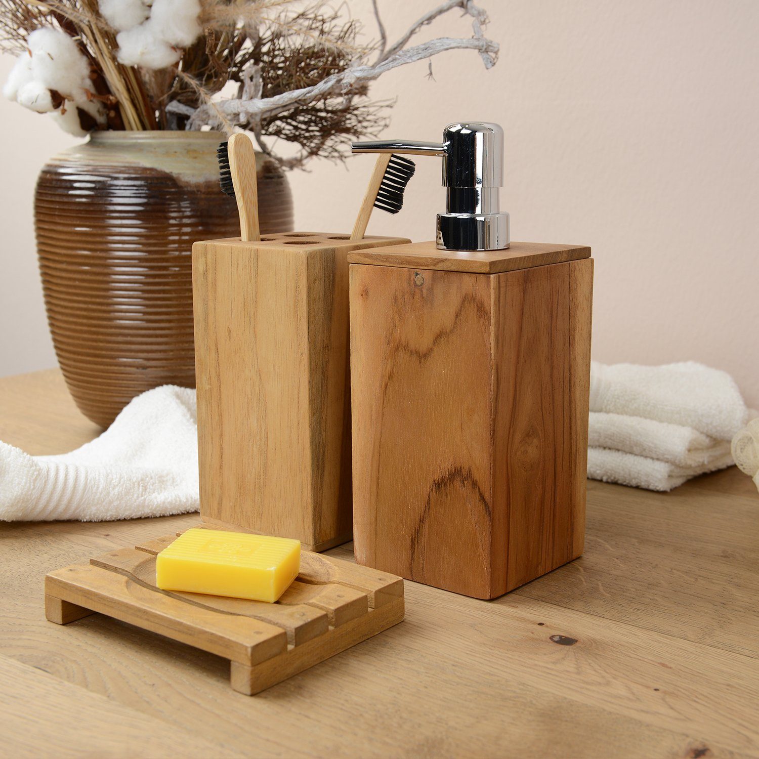 wohnfreuden Badaccessoire-Set Teakholz-Set fürs Bad 3teilig, 30775