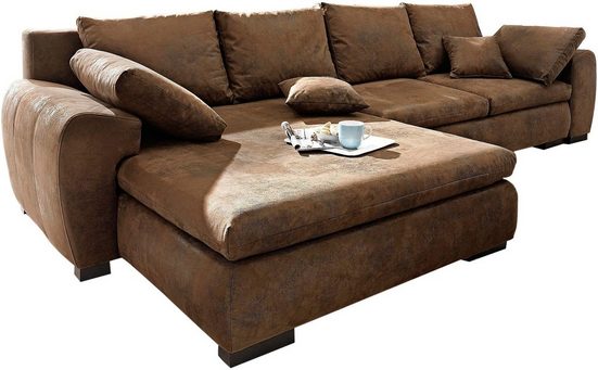 HOME AFFAIRE Ecksofa CARA MIA, wahlweise mit Bettfunktion und Bettkasten, Massivholzfüße Micorfaser Antiklederoptik Braun