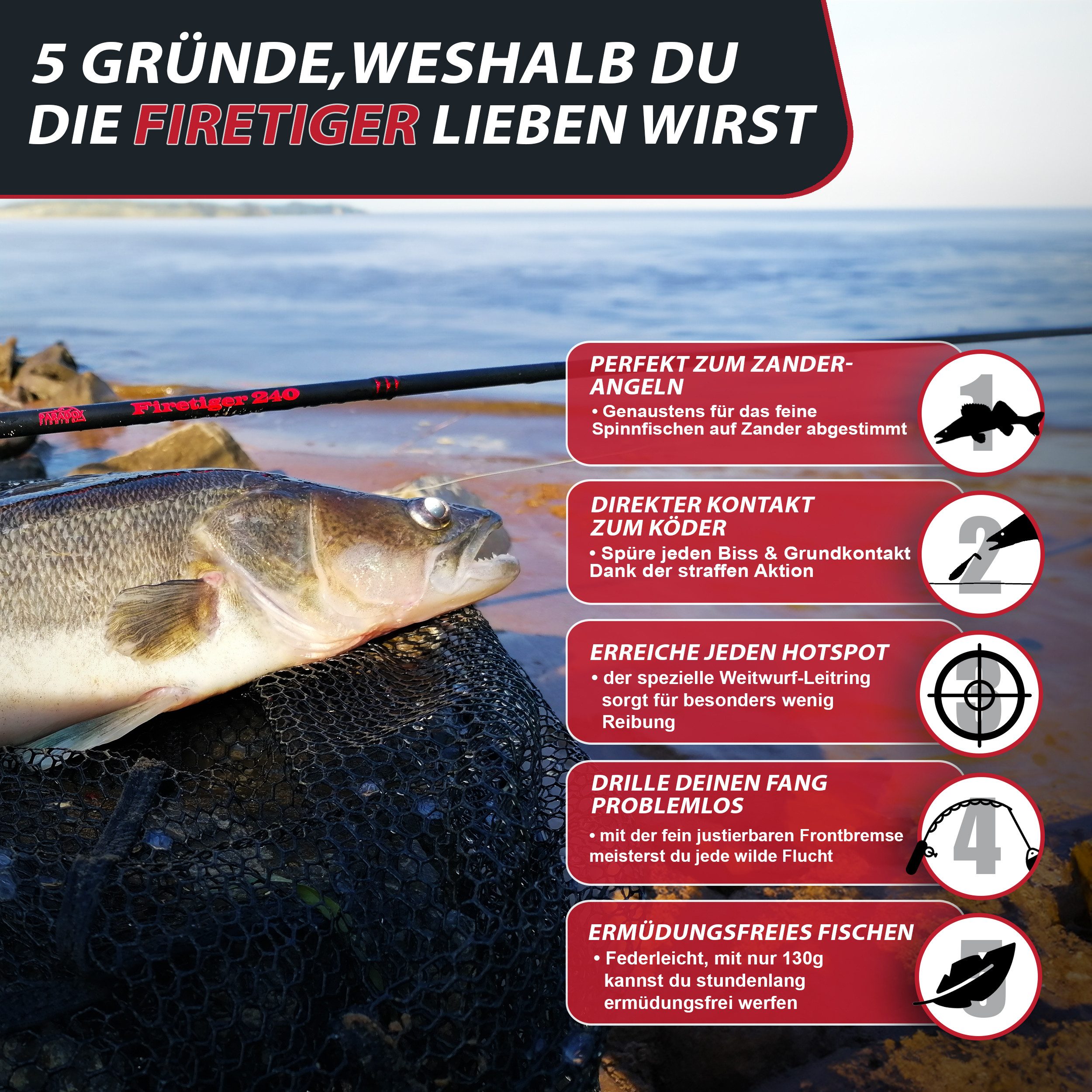 Paradox Fishing Spinnrute Firetiger, (Firetiger Spinnrute + Infinity Rolle), 2,1m/2,4m/2,7m, 5-20g/15-35g/20-60g – Bild 2 von 5