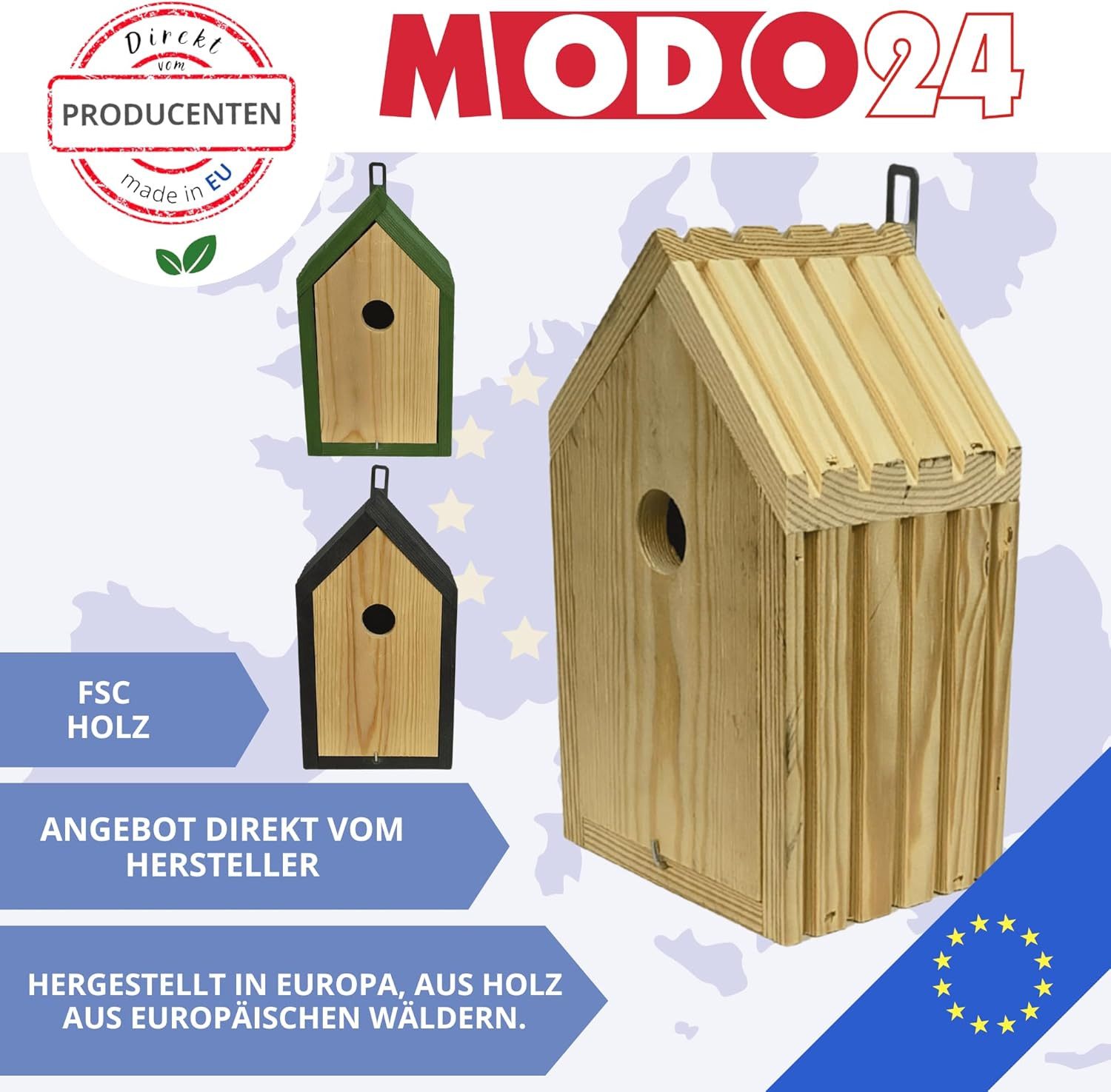 Modo24 Vogelhaus Meisen Nistkasten aus FSC® Holz mit 2,8 cm Einflugloch und mit Heu, Brutkasten mit Reinigungsklappe, Futterhaken für Garten, 26×15×12 cm