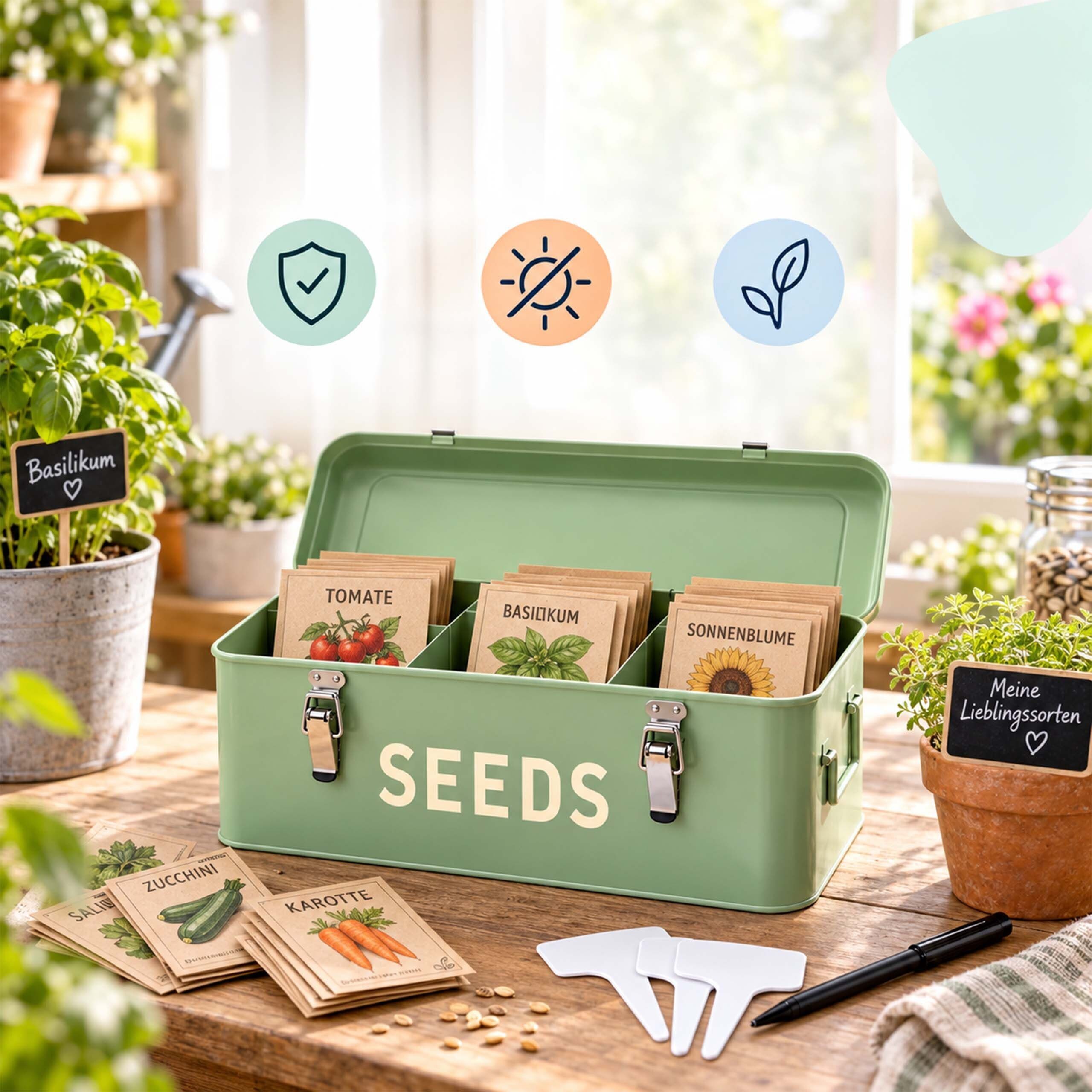 relaxdays Aufbewahrungsbox Saatgut Aufbewahrungsbox mit Zubehör (62 St), Salbei – Bild 5 von 5