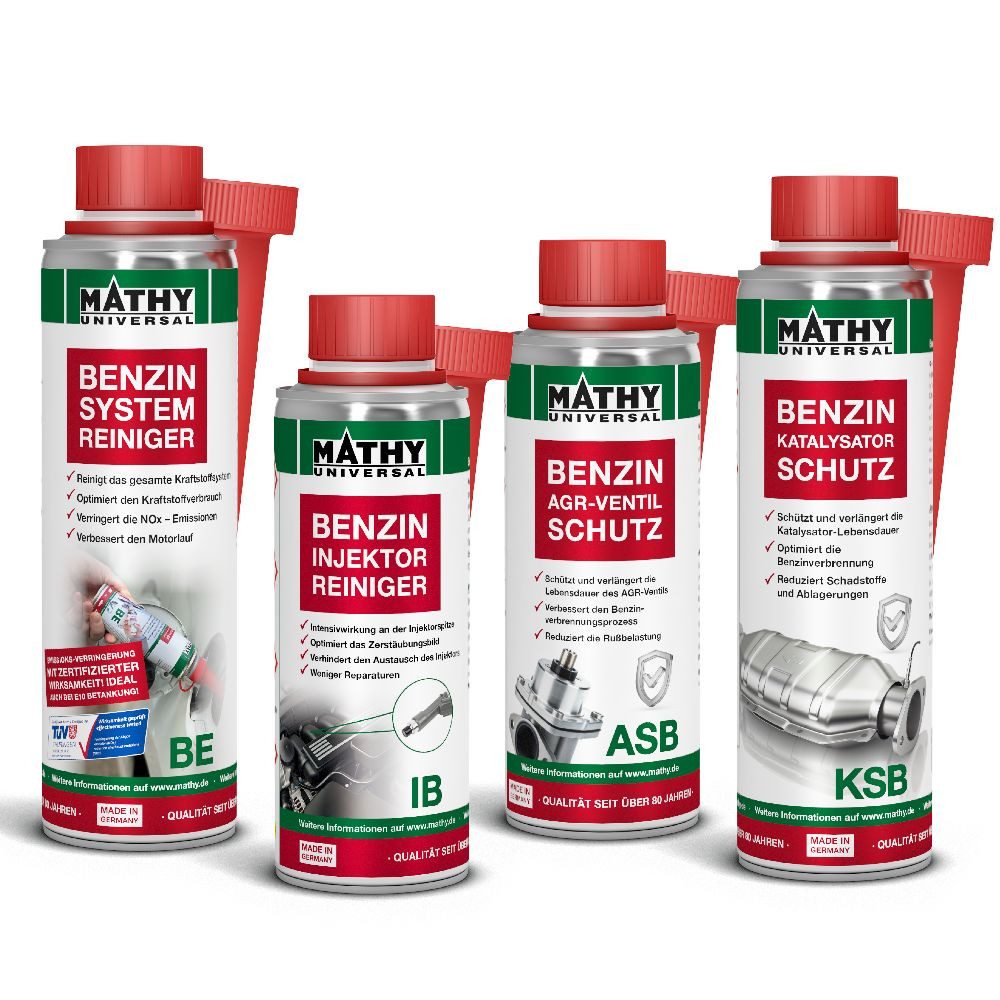 MATHY Benzin-Stabilisator MATHY Benzin-Komplett-Kur, 0,9 l, (Spar-Set, 4-St., 1 x MATHY-BE + 1 x MATHY-IB + 1 x MATHY-ASB + 1 x MATHY-KSB) Systemreinigung&-schutz für Brennraum, Injektoren, AGR, Katalysator